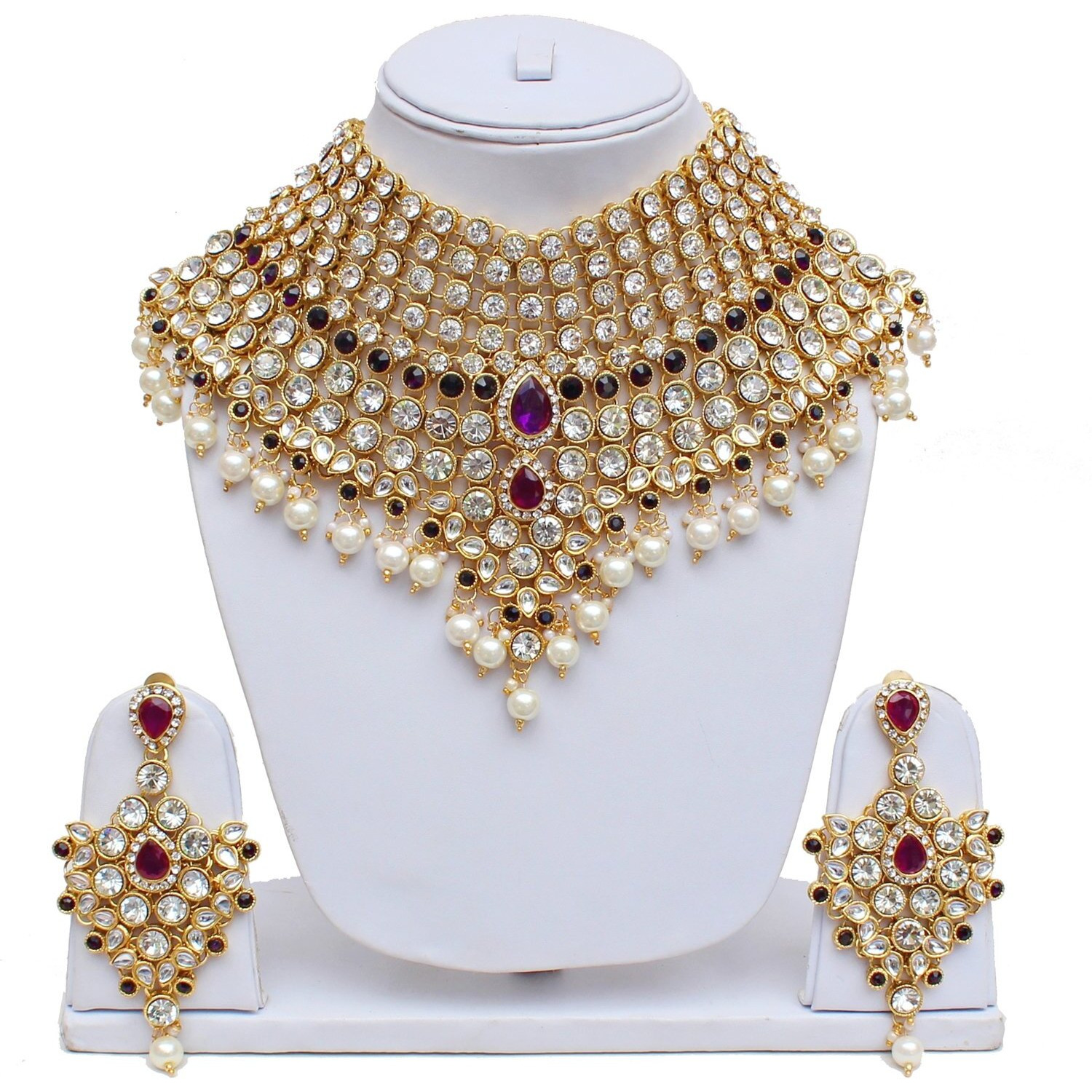 Lucky Jewellery Purple Semi Bridal Dulhan Dulhan Wedding & Engagement Necklace Set with Mang Tikka (1815-L1SS-KD124-P)