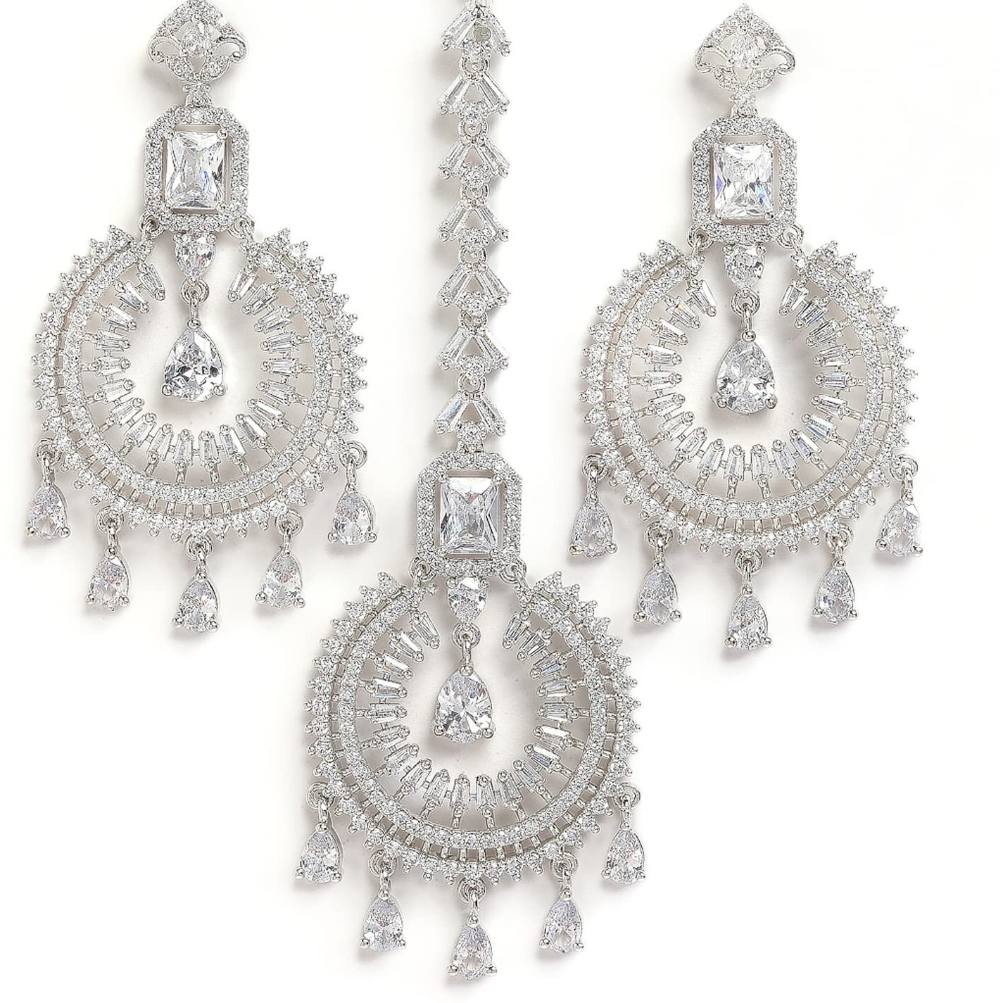 ZENEME Stylish Shiny Round Design Rodhium-Plated Maang Tikka Earring Set Jewellery For Women and Girls (Design 8)