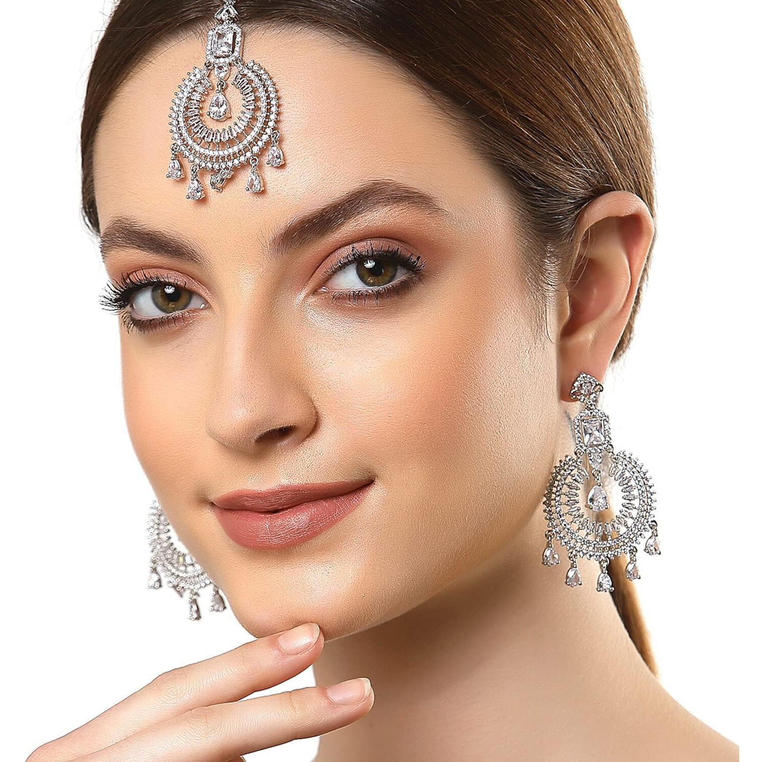 ZENEME Stylish Shiny Round Design Rodhium-Plated Maang Tikka Earring Set Jewellery For Women and Girls (Design 8)