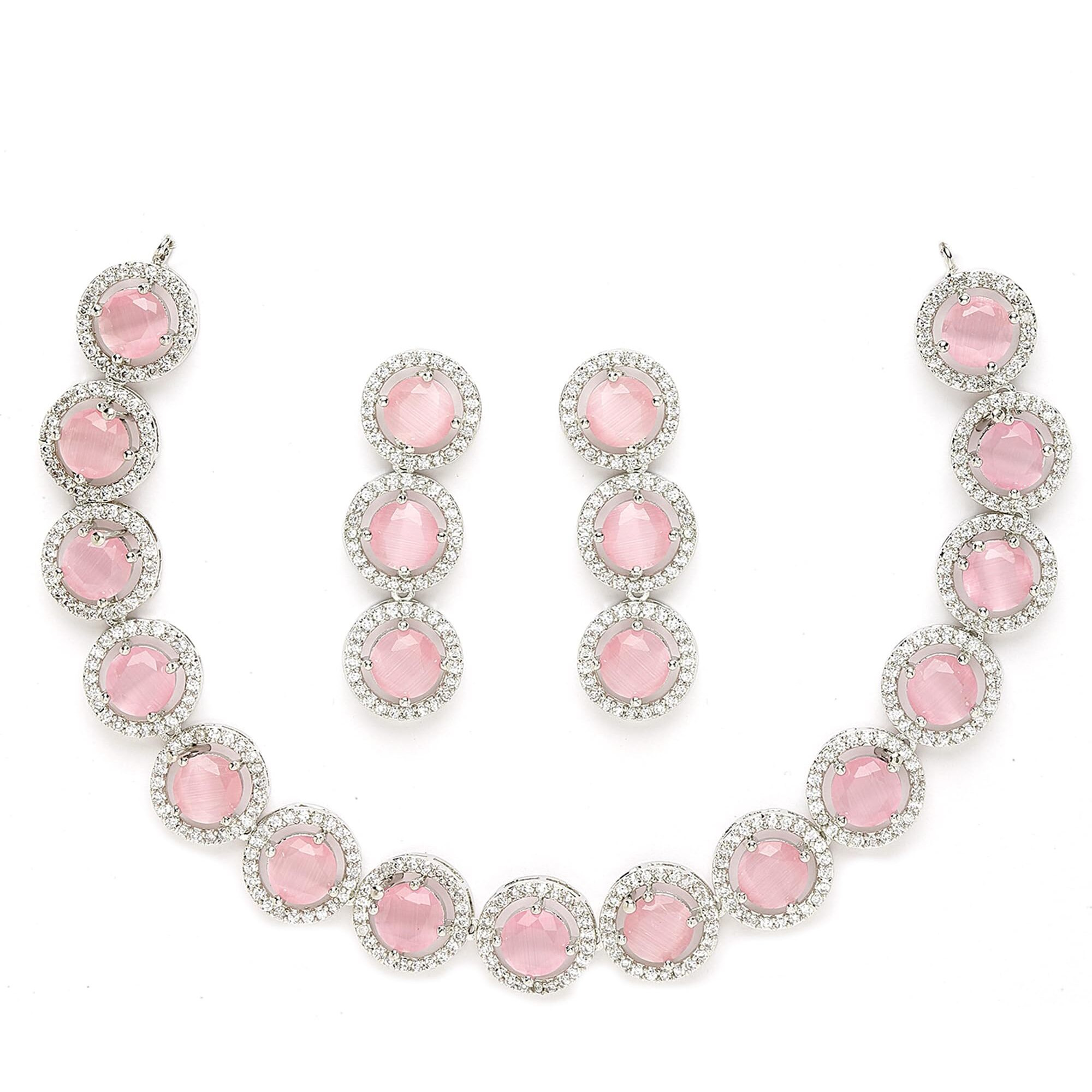 ZENEME Rhodium-Plated with Silver-Toned Circular Shape Pink and White American Diamond Studded Jewellery Set (Pink)