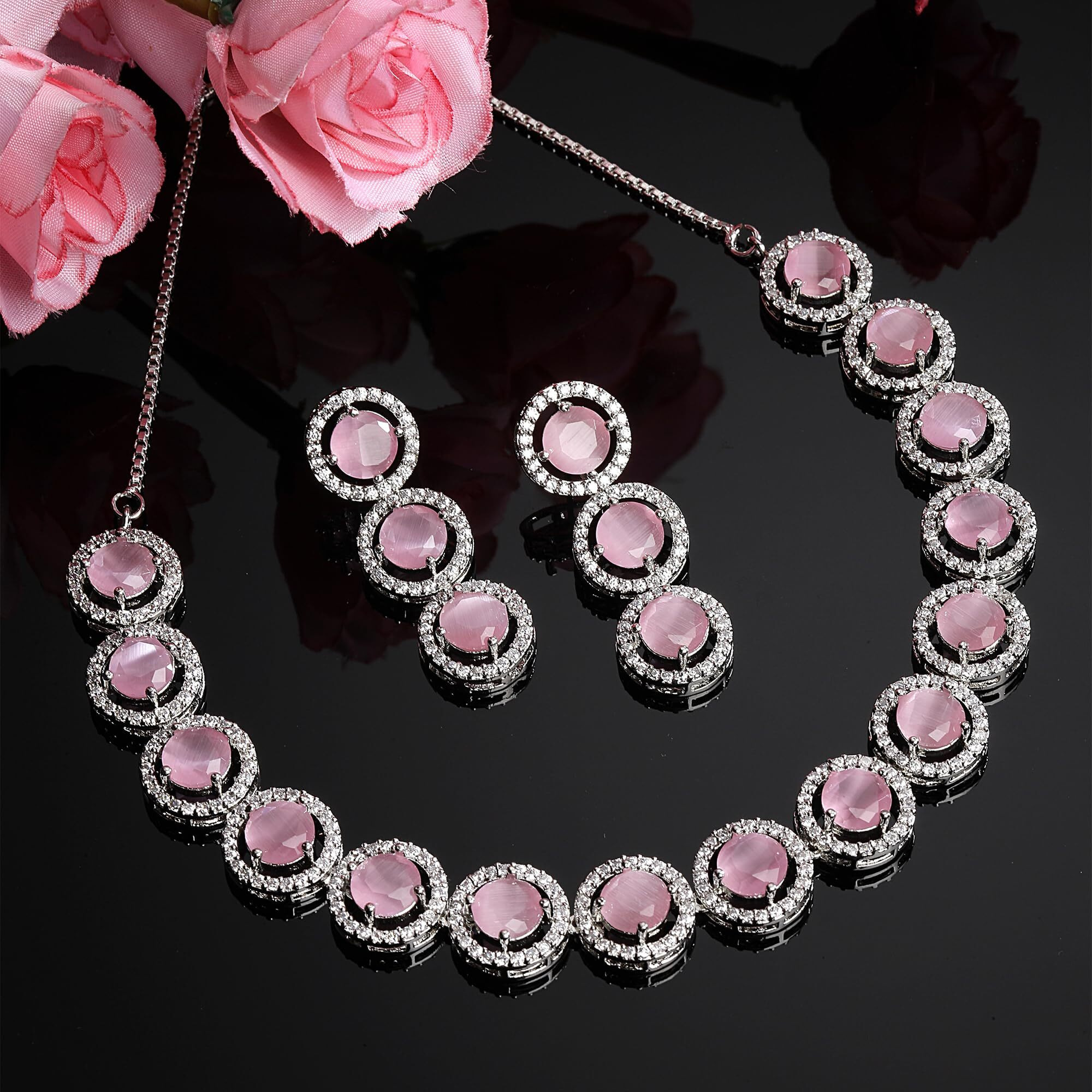 ZENEME Rhodium-Plated with Silver-Toned Circular Shape Pink and White American Diamond Studded Jewellery Set (Pink)