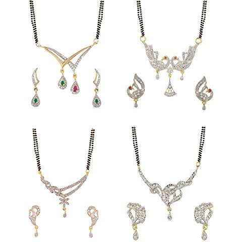 ZENEME White American Diamond Combo Of 4 Mangalsutra With Earrings Set For Women (Design-7)