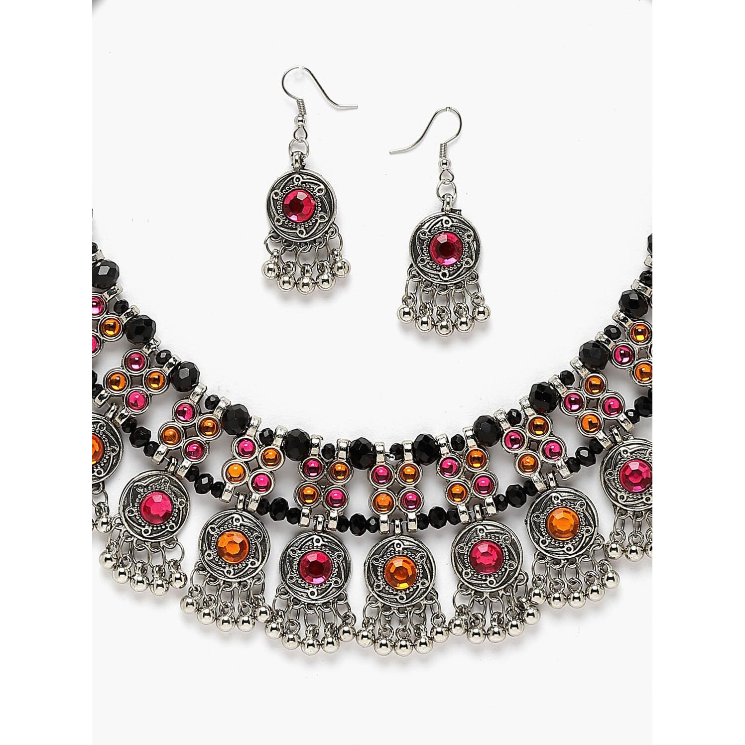 Shining Diva Fashion Latest Stylish Fancy Oxidized Traditional Oxidised Earrings Necklace Jewellery Set for Women (14246s)