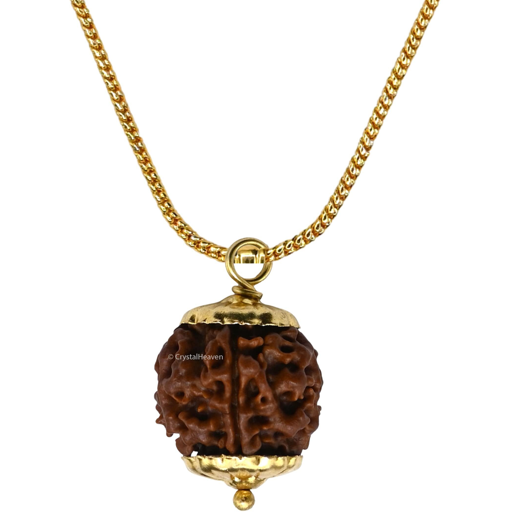 Crystal Heaven Rudraksha Original 5 Mukhi Pendant Necklace for Women Men | Certified Rudraksha with Velvet Pouch (Gold)