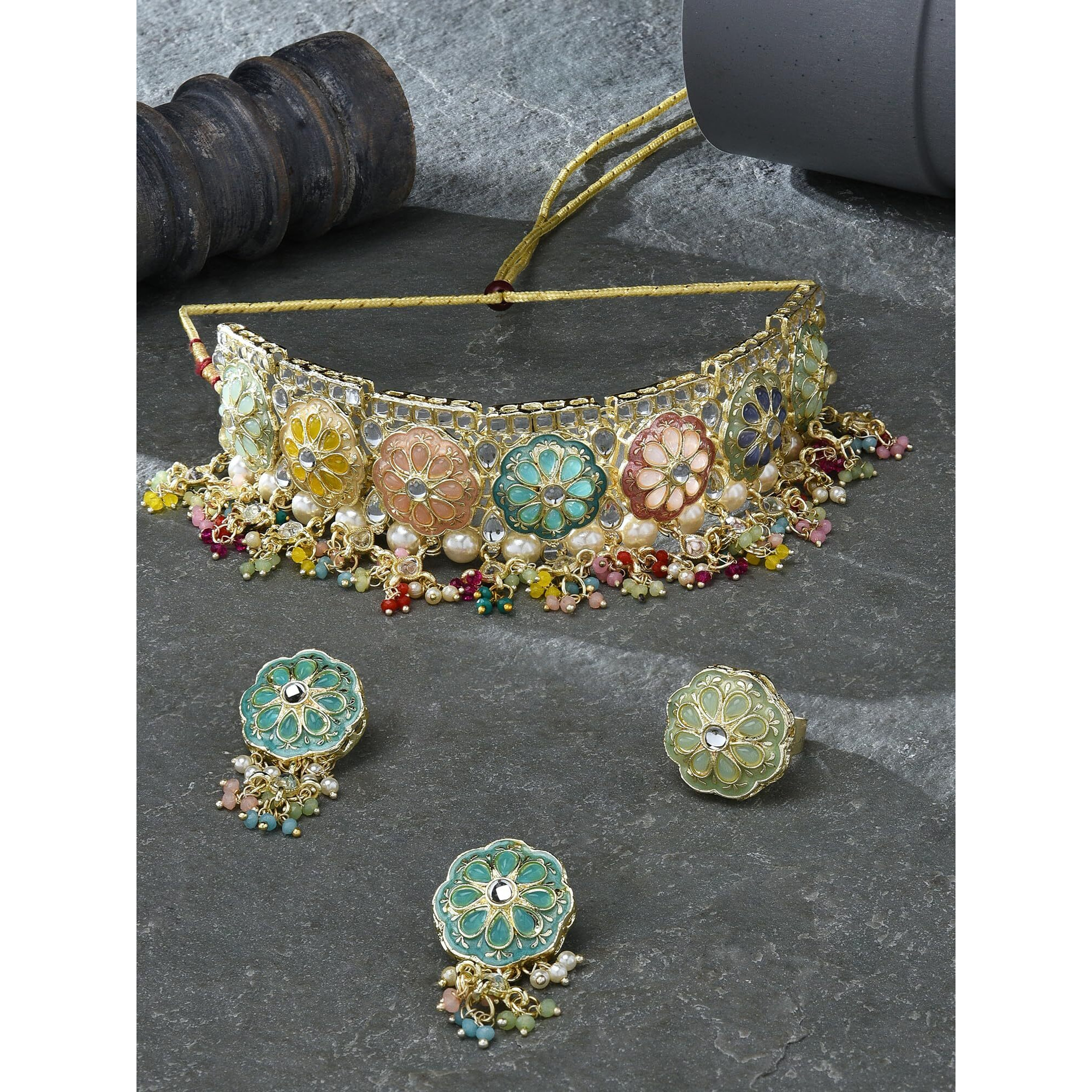 ZAVERI PEARLS Multicolor Meenakari Kundan Beads Choker Necklace Earring & Ring Set For Women-ZPFK16399