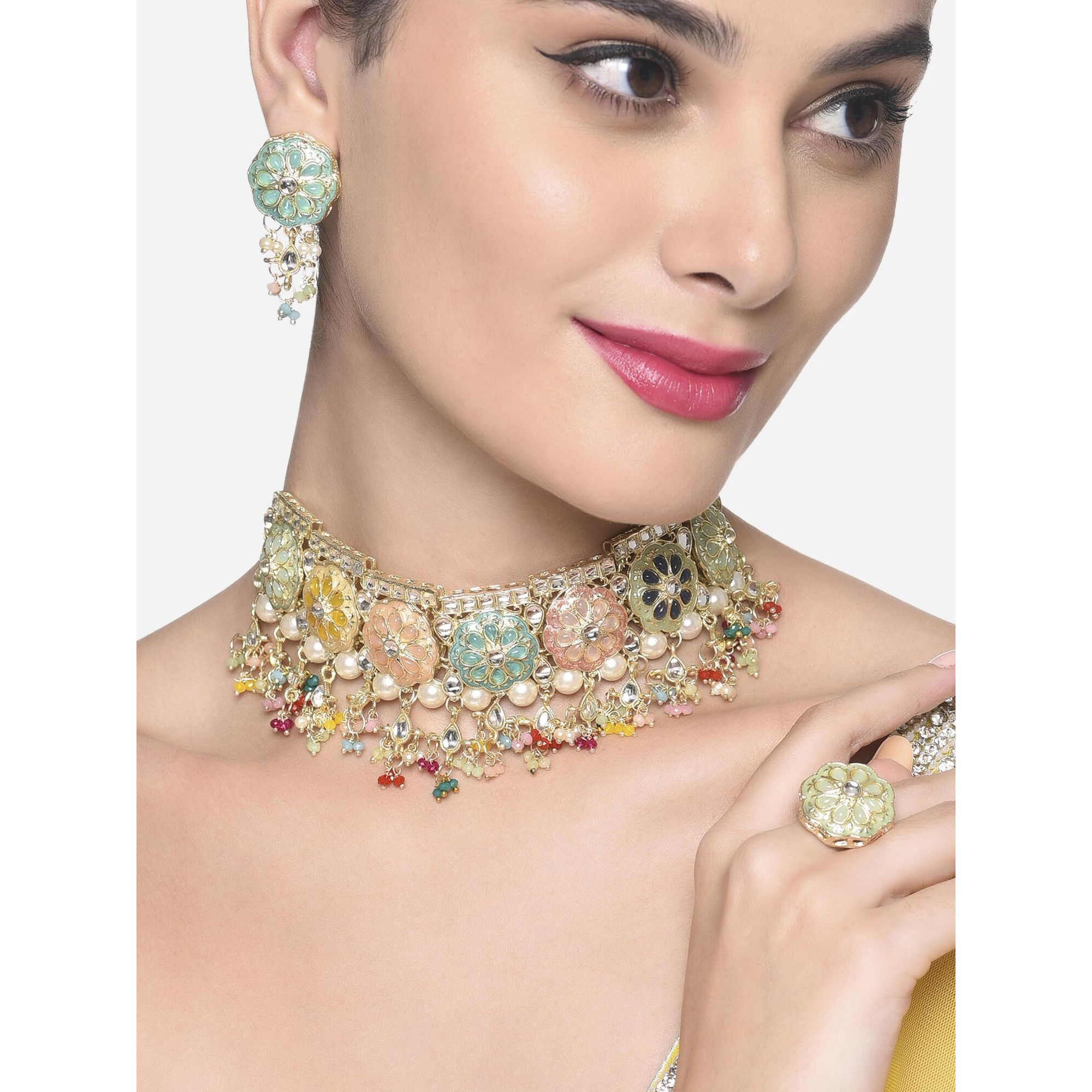 ZAVERI PEARLS Multicolor Meenakari Kundan Beads Choker Necklace Earring & Ring Set For Women-ZPFK16399