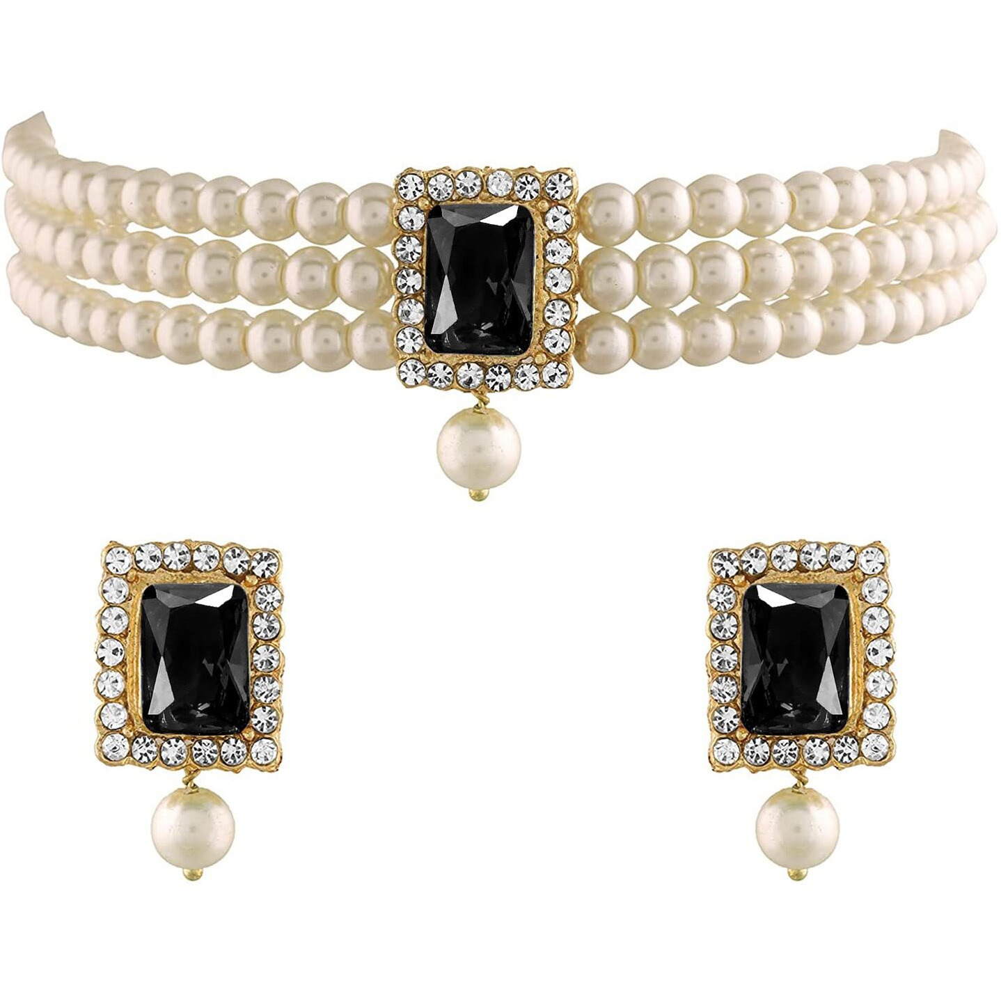 Peora Gold Plated Indian Traditional Crystal Pearl Beaded Choker Necklace Jewellery Set for Women