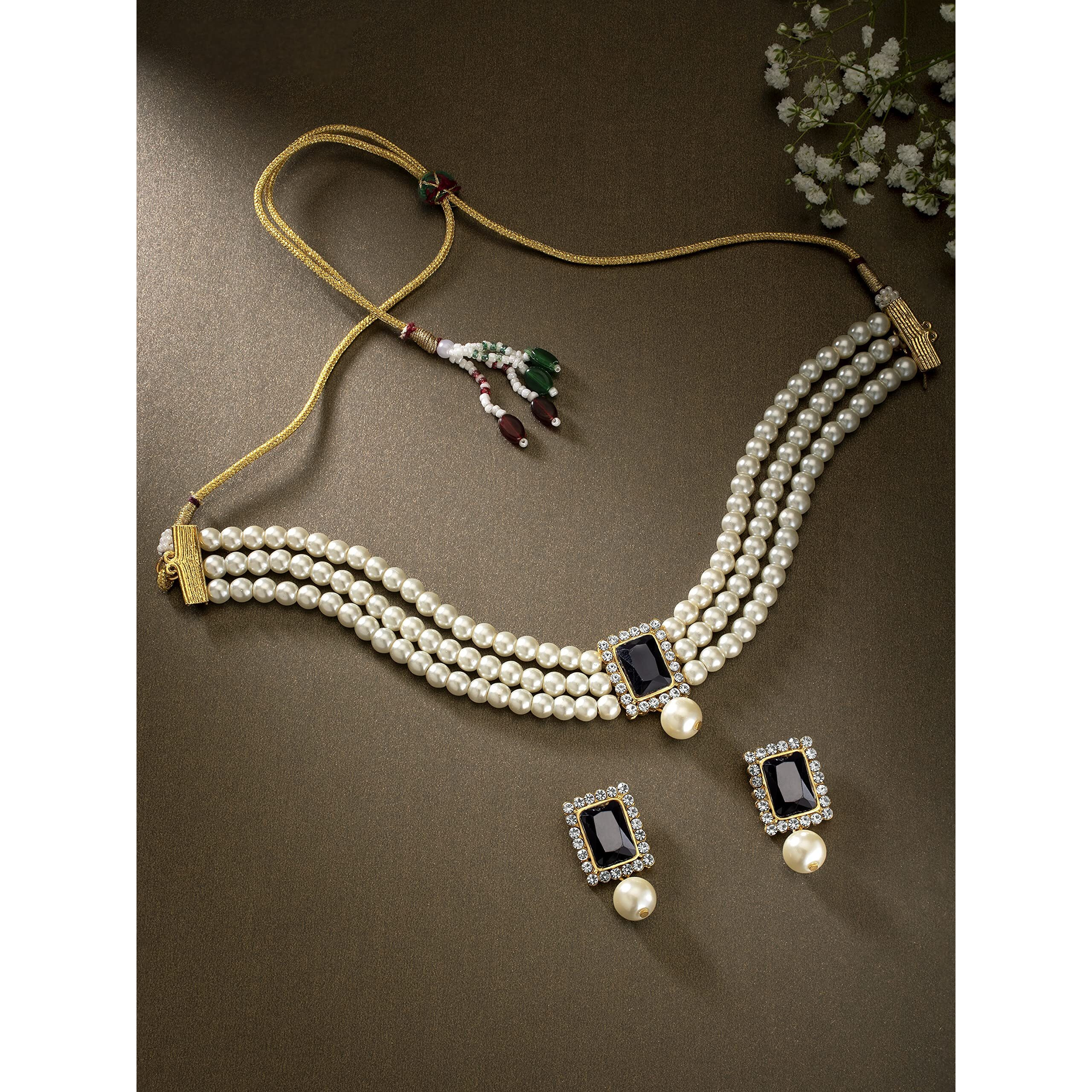 Peora Gold Plated Indian Traditional Crystal Pearl Beaded Choker Necklace Jewellery Set for Women
