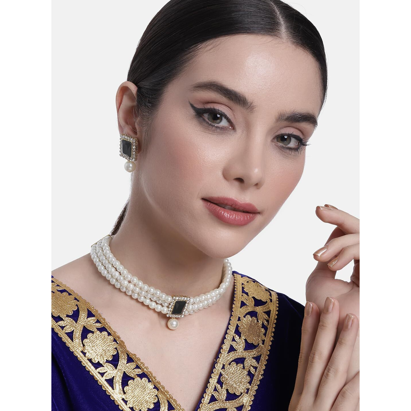 Peora Gold Plated Indian Traditional Crystal Pearl Beaded Choker Necklace Jewellery Set for Women