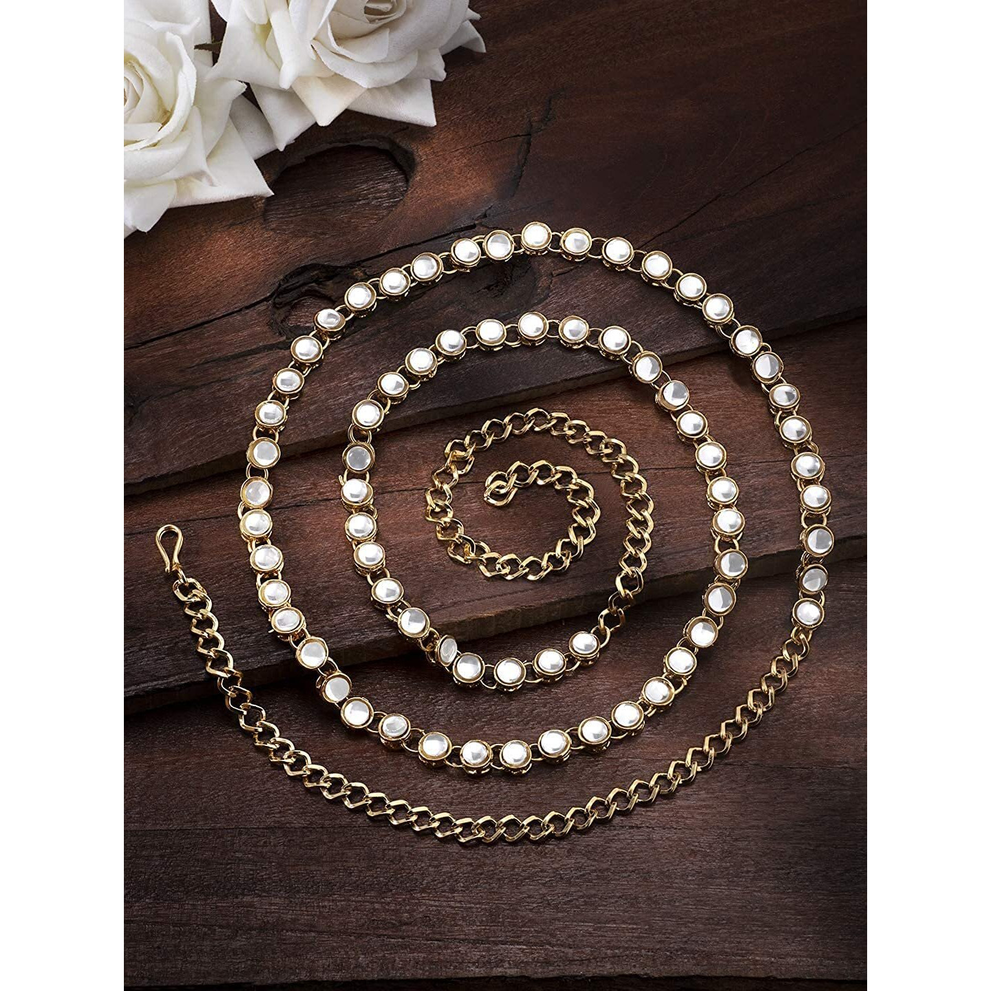 I Jewels 18K Gold Plated Traditional Ethnic Round Kundan Studded Adjustable Kamarband/Belly Chain/Kandora/Wait Belt For Women (B020)