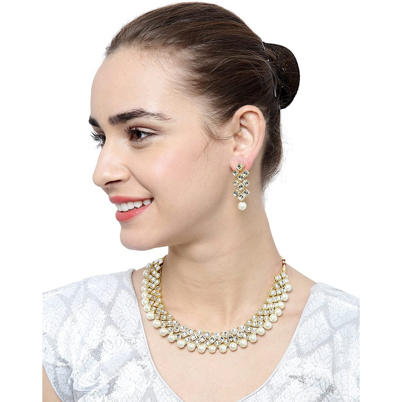 Shining Diva Fashion White Pearl Kundan Choker Necklace Set With Earrings For Women (7814S)