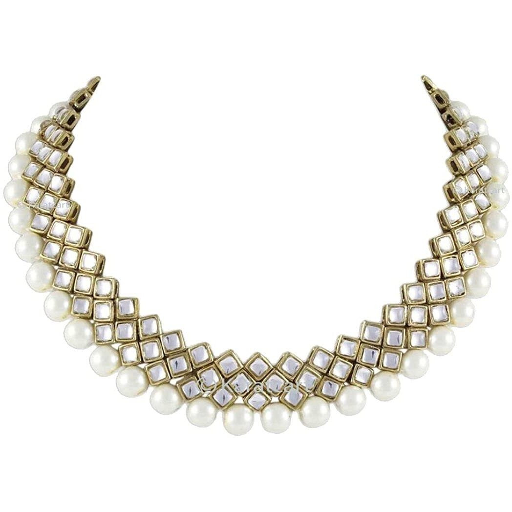 Shining Diva Fashion White Pearl Kundan Choker Necklace Set With Earrings For Women (7814S)