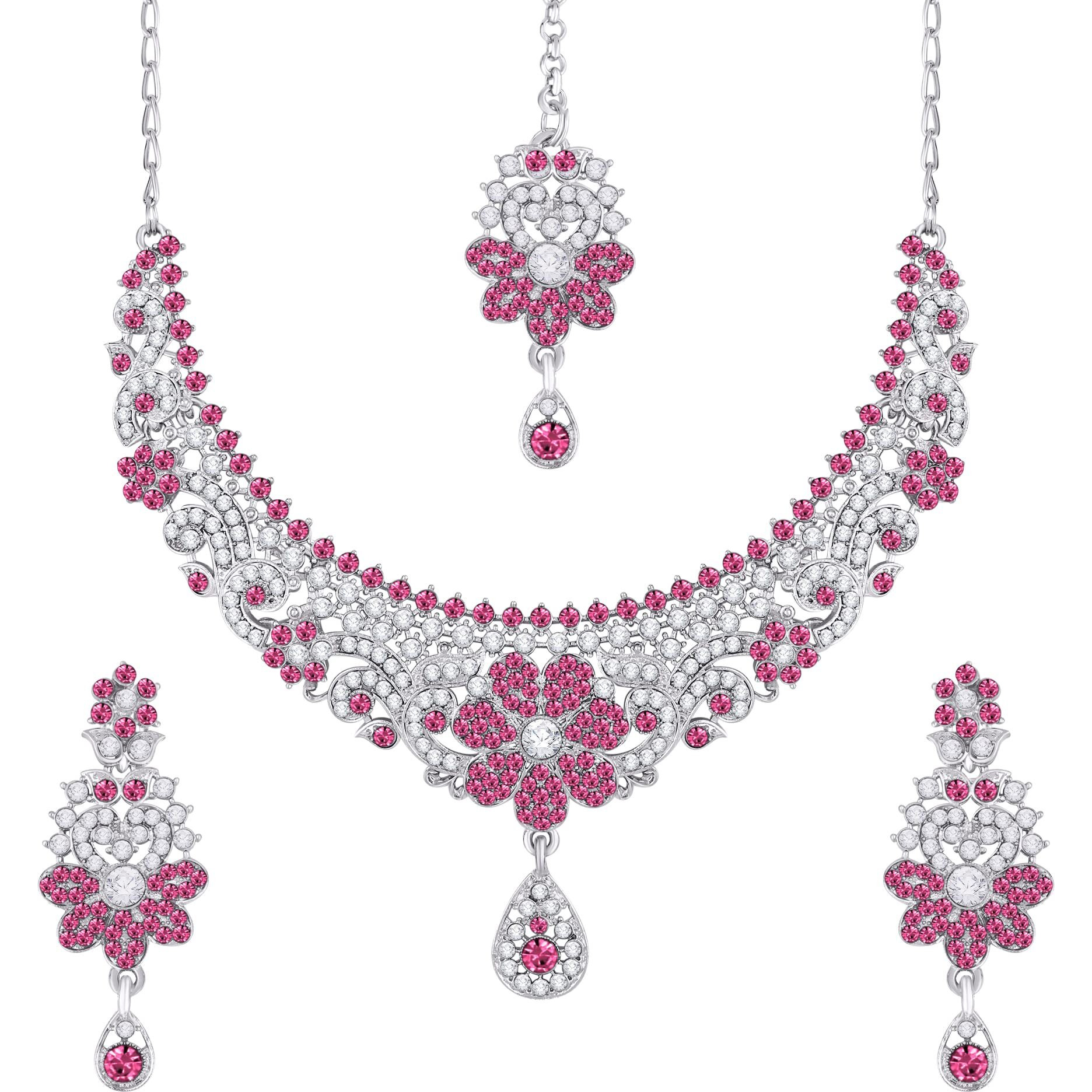 Atasi International Silver Plated Crystals Necklace/Jwelery Set with Earrings and Maang Tikka for Women - Ideal for Party, Wedding, Any Occasion (Pink)