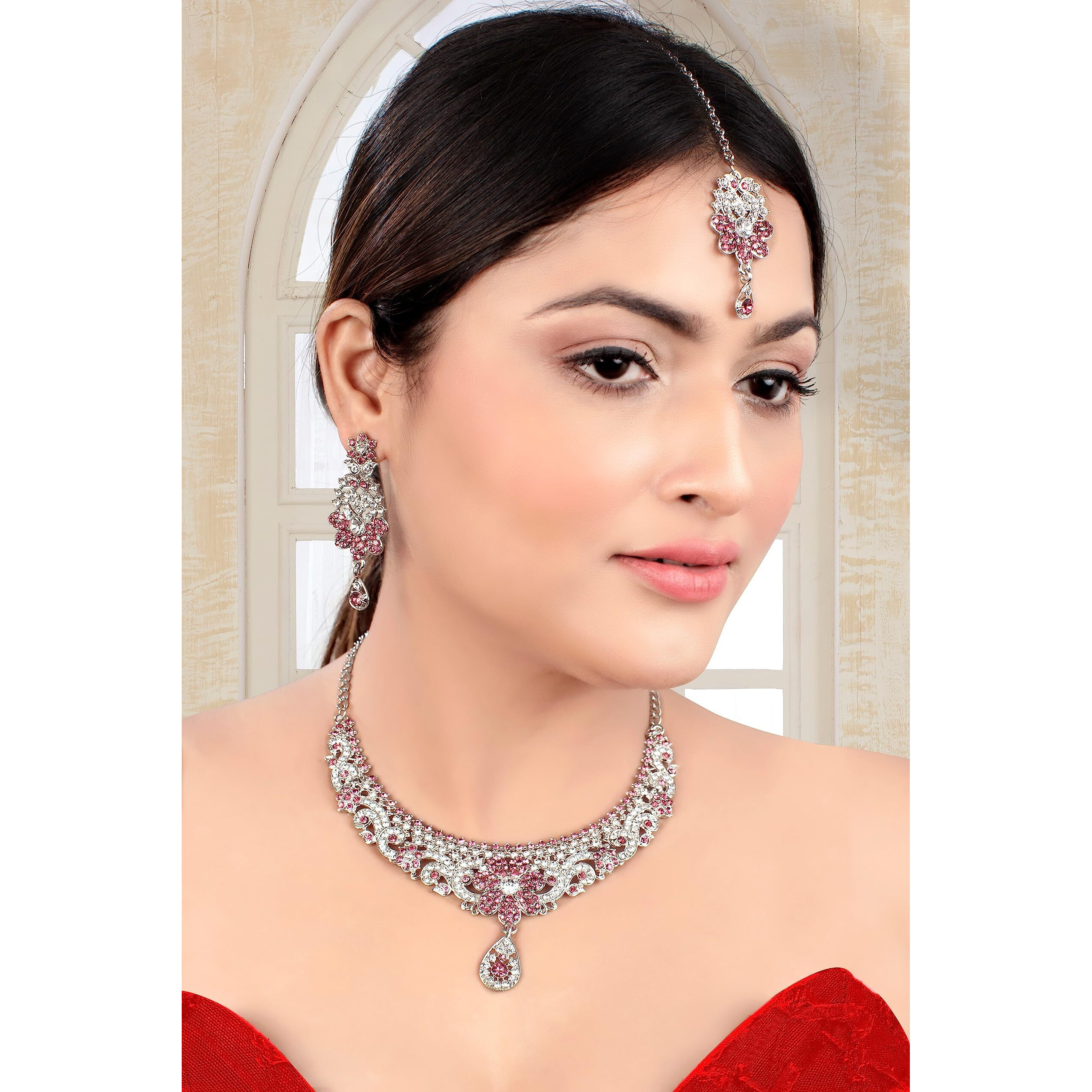 Atasi International Silver Plated Crystals Necklace/Jwelery Set with Earrings and Maang Tikka for Women - Ideal for Party, Wedding, Any Occasion (Pink)