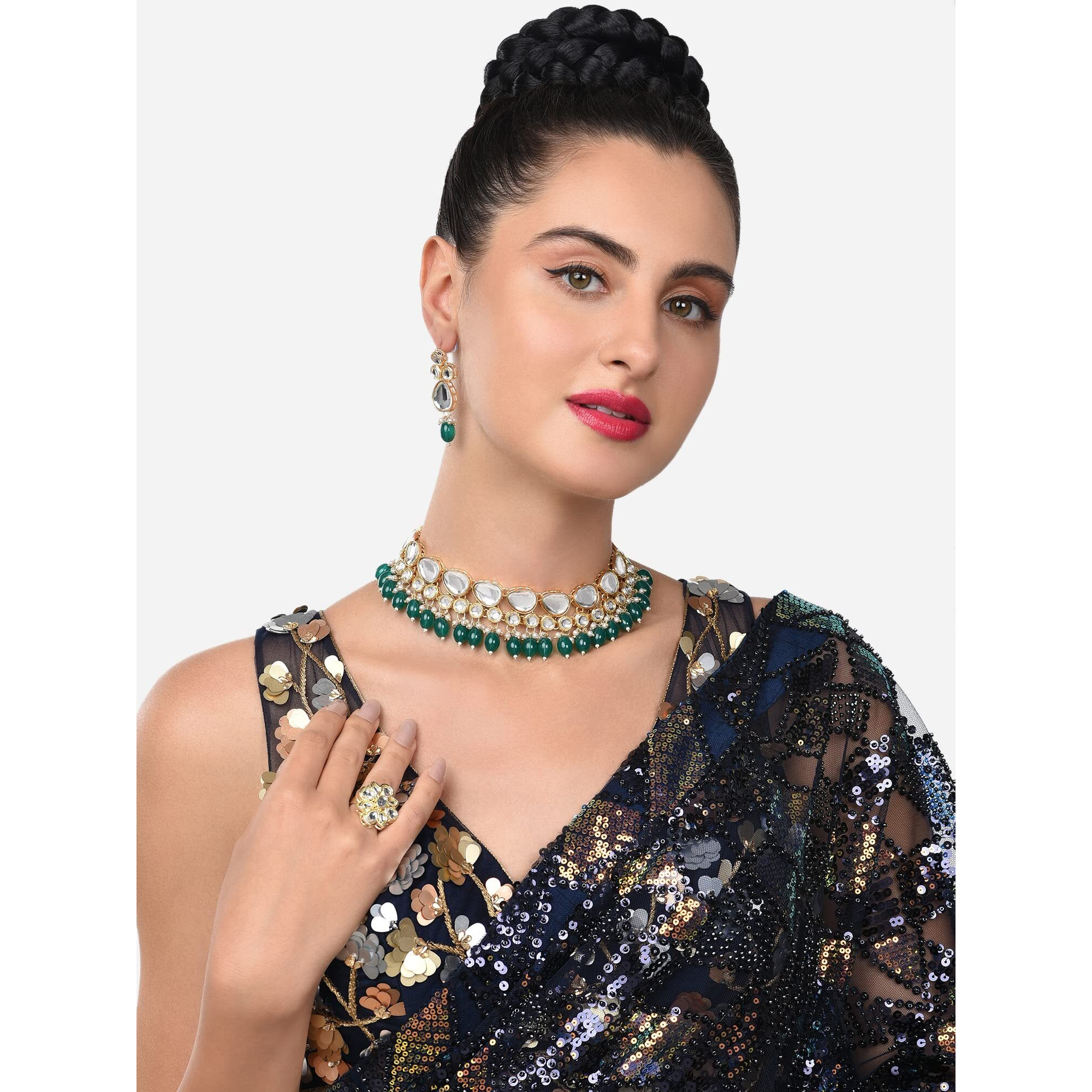 ZAVERI PEARLS Green Beads Statement Kundan Choker Necklace Earring & Ring Set For Women-ZPFK14814