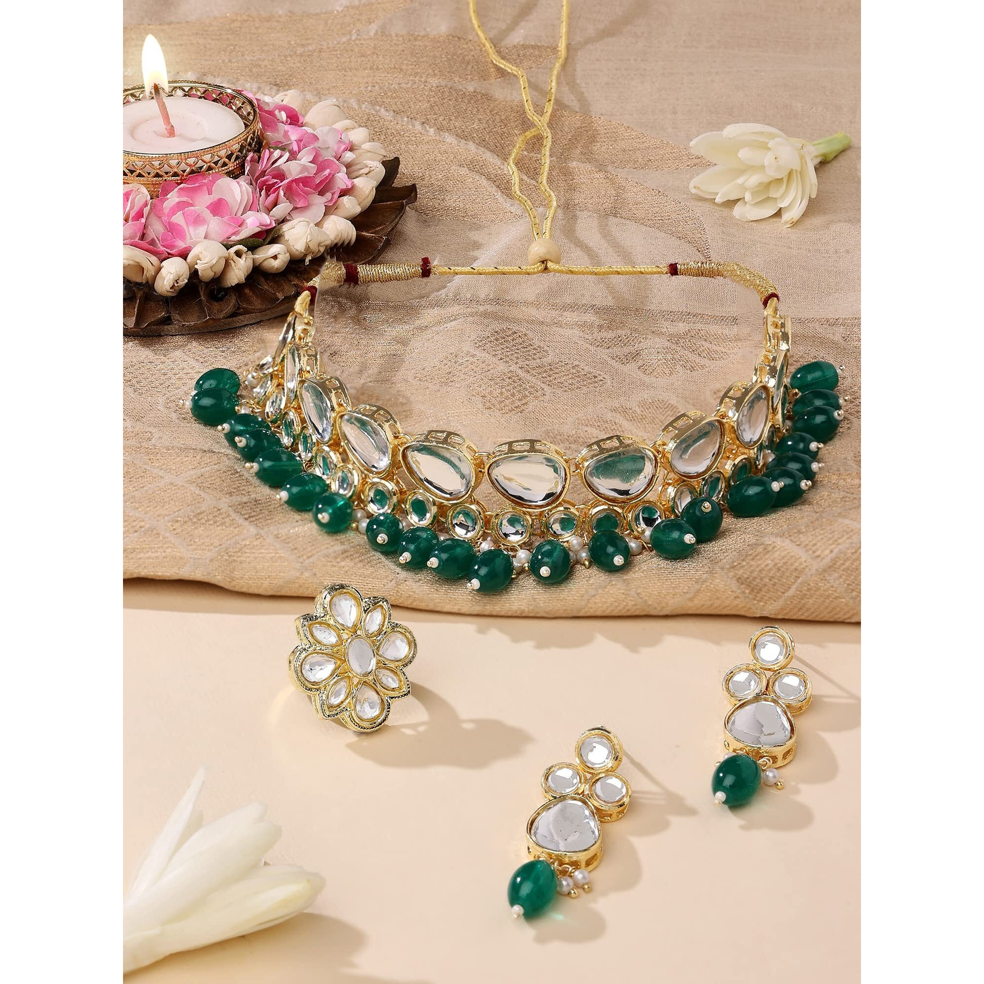 ZAVERI PEARLS Green Beads Statement Kundan Choker Necklace Earring & Ring Set For Women-ZPFK14814