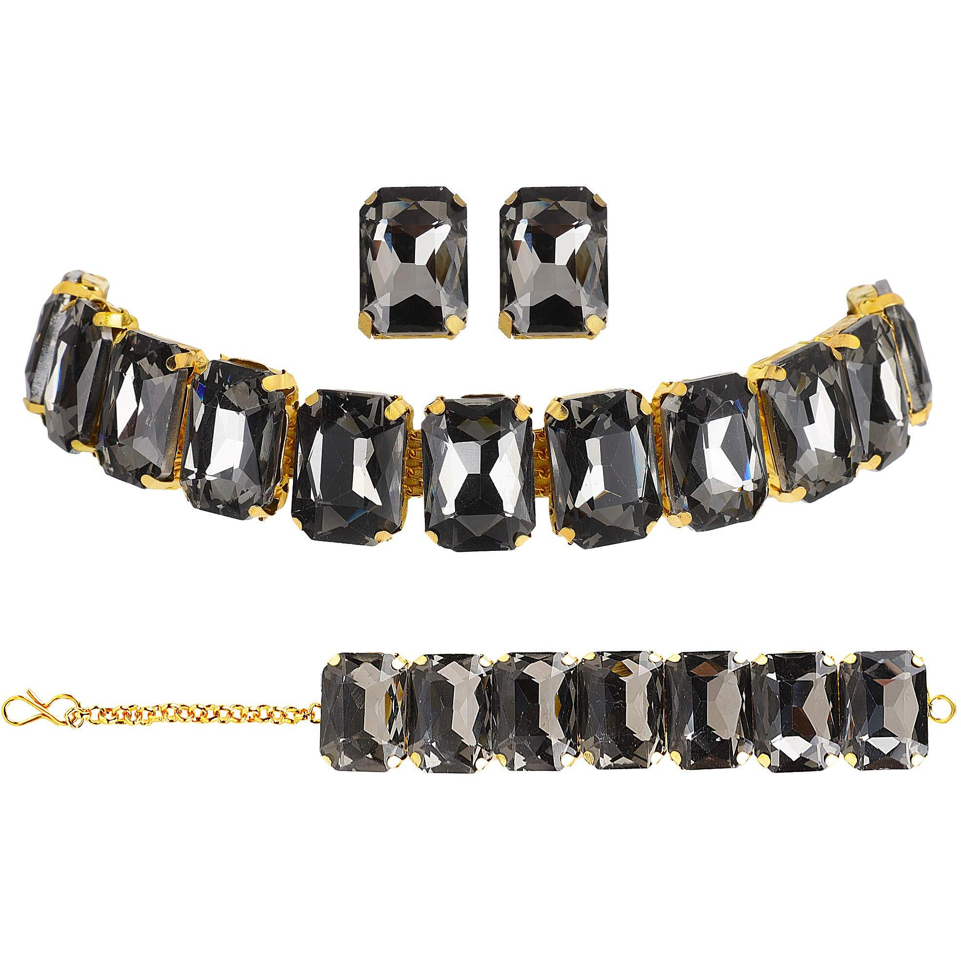 Shining Diva Fashion Latest Choker Design Stylish Traditional Crystal Bracelet Earrings Necklace Jewellery Set for Women (12435s), one, style05