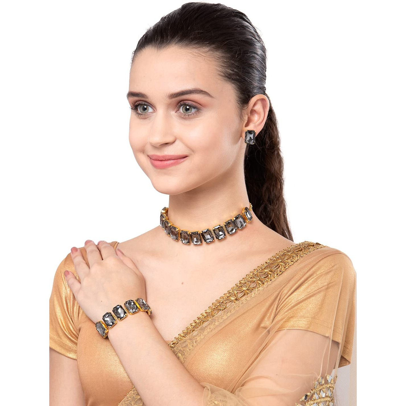 Shining Diva Fashion Latest Choker Design Stylish Traditional Crystal Bracelet Earrings Necklace Jewellery Set for Women (12435s), one, style05