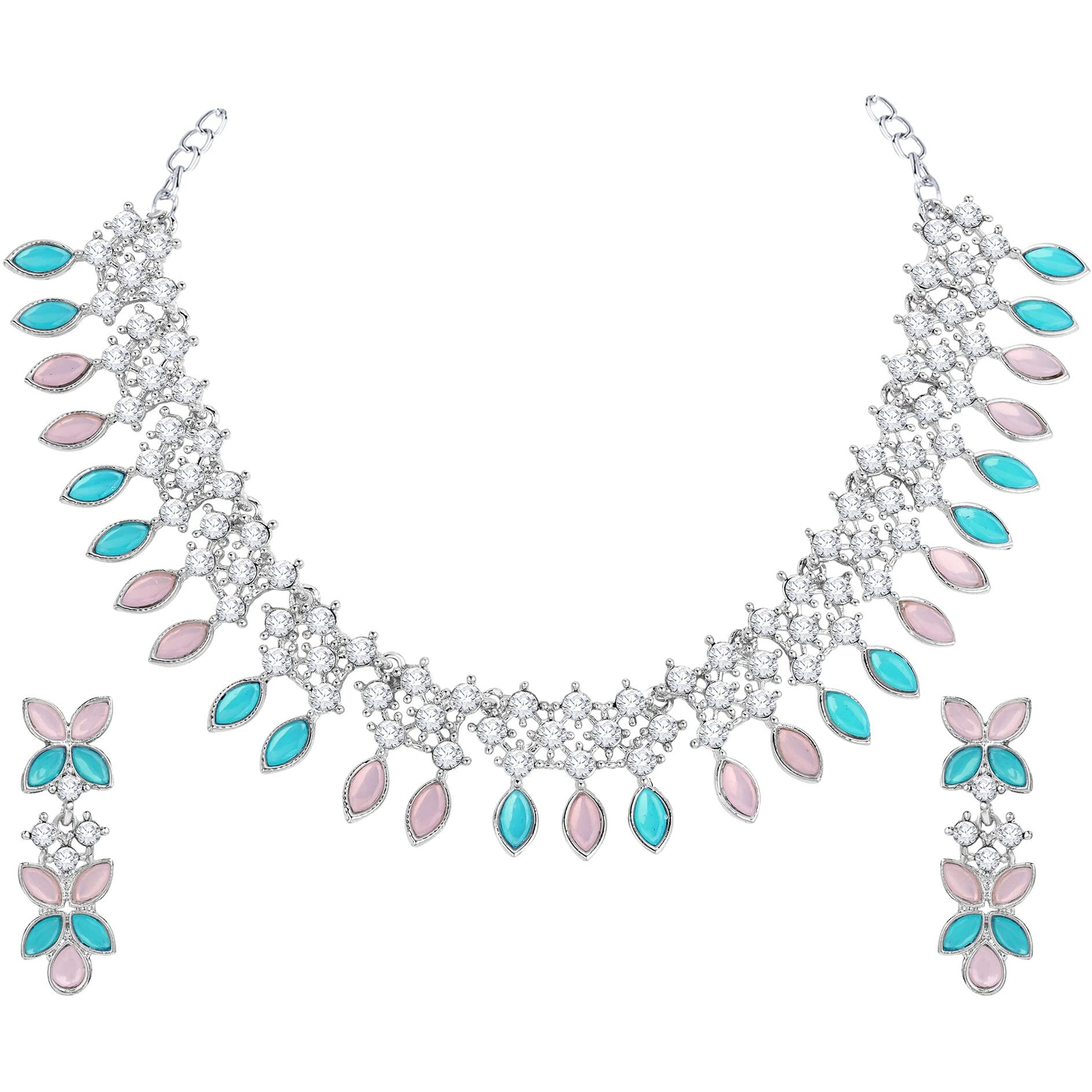 Atasi International Silver Plated Mint Pink Blue Crystals AD Diamond Jewellery Necklace Set for Women (RPB5775)