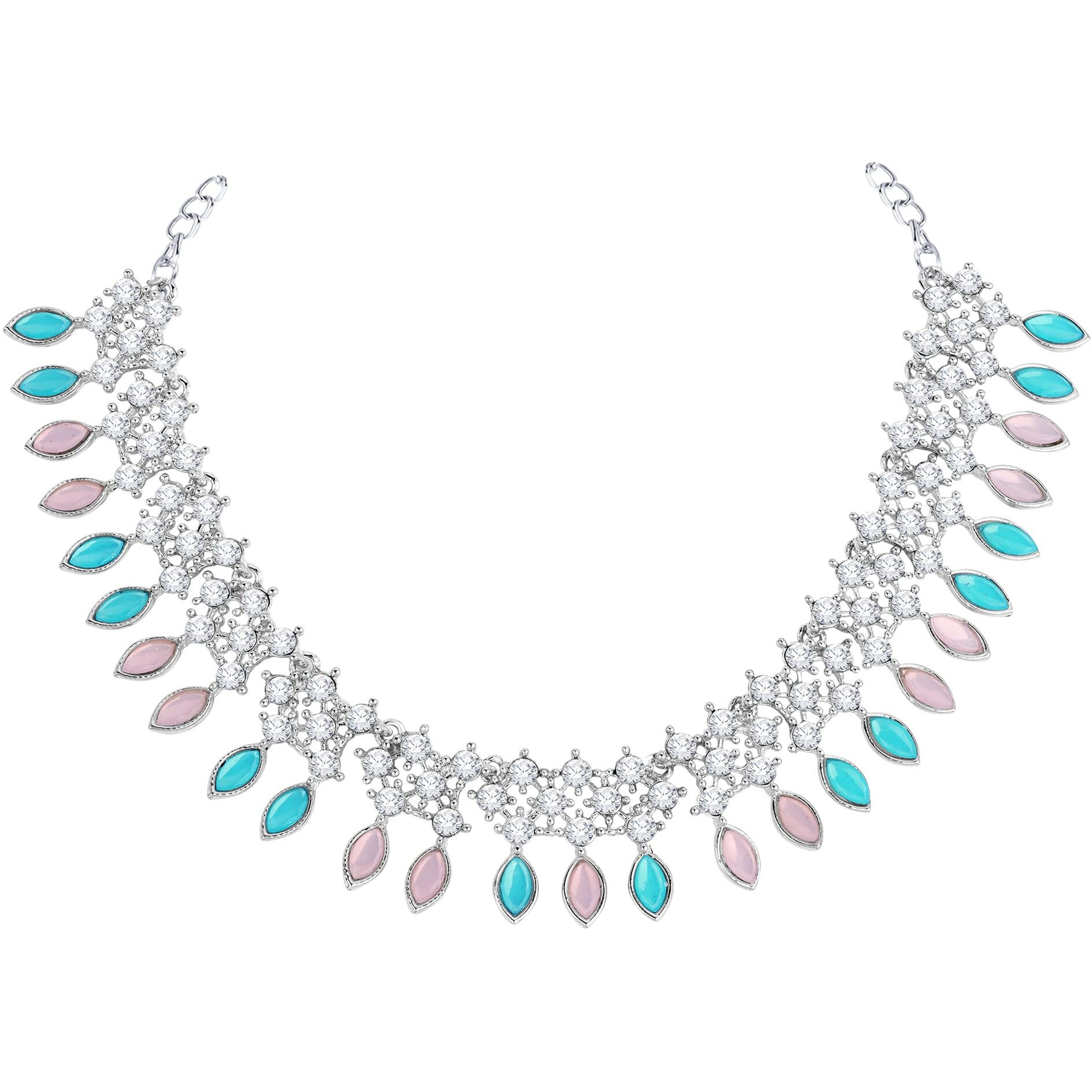 Atasi International Silver Plated Mint Pink Blue Crystals AD Diamond Jewellery Necklace Set for Women (RPB5775)