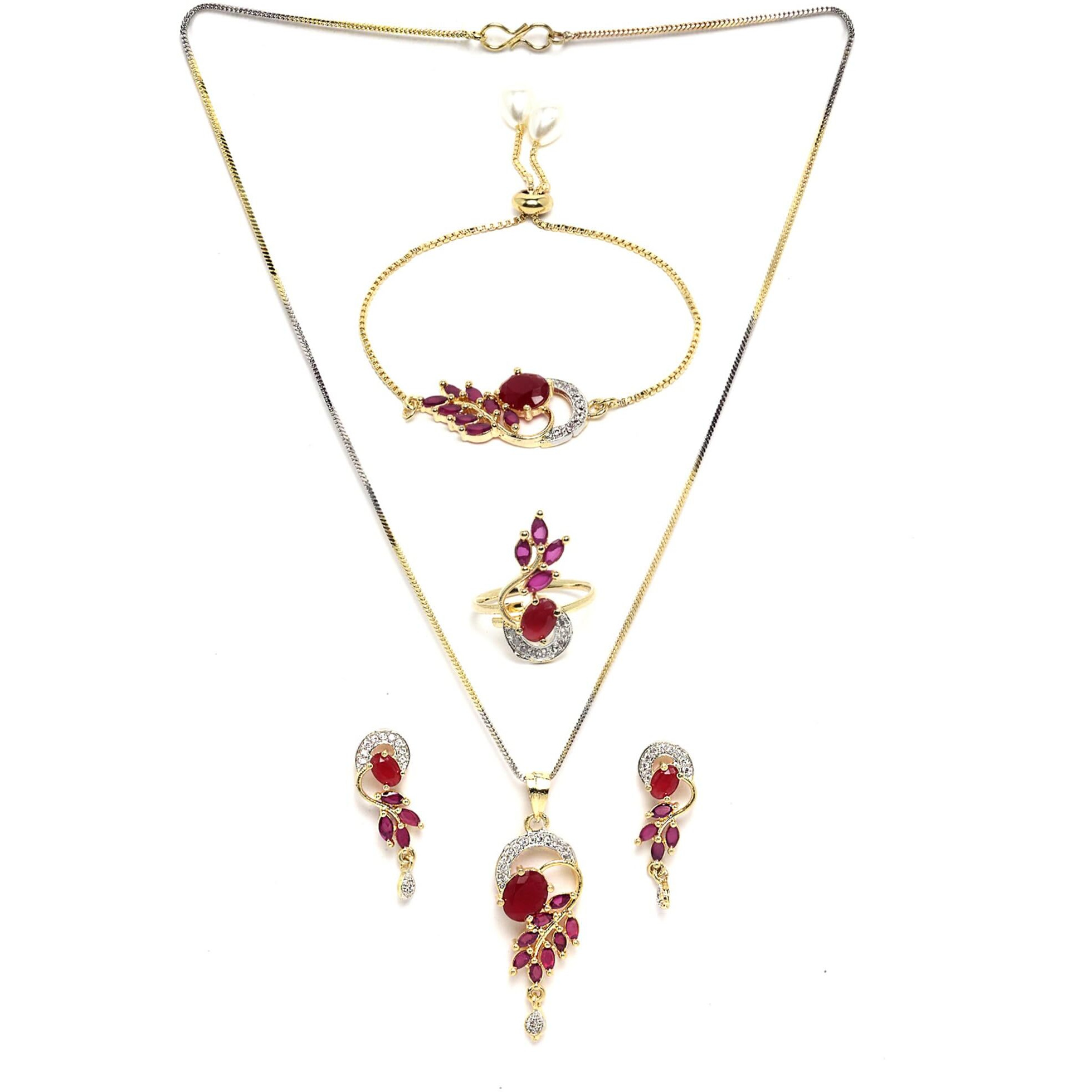 ZENEME Cubic Zirconia Fashion Necklace Pendant Set Ring Bracelet With Earring Jewellery For Women Pack Of 4