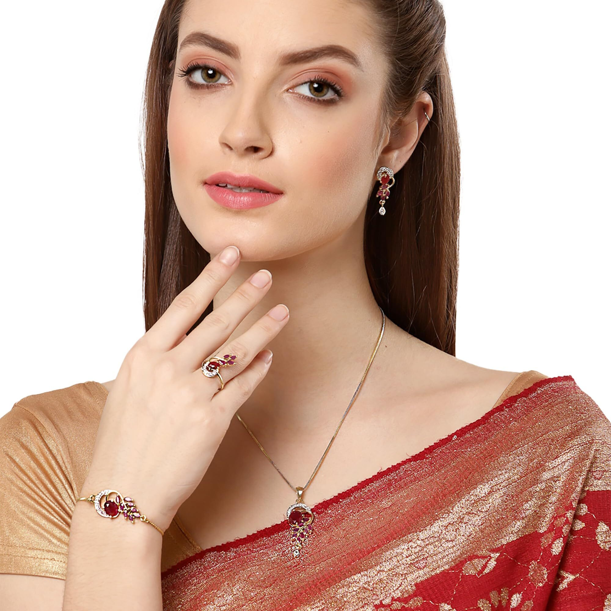 ZENEME Cubic Zirconia Fashion Necklace Pendant Set Ring Bracelet With Earring Jewellery For Women Pack Of 4