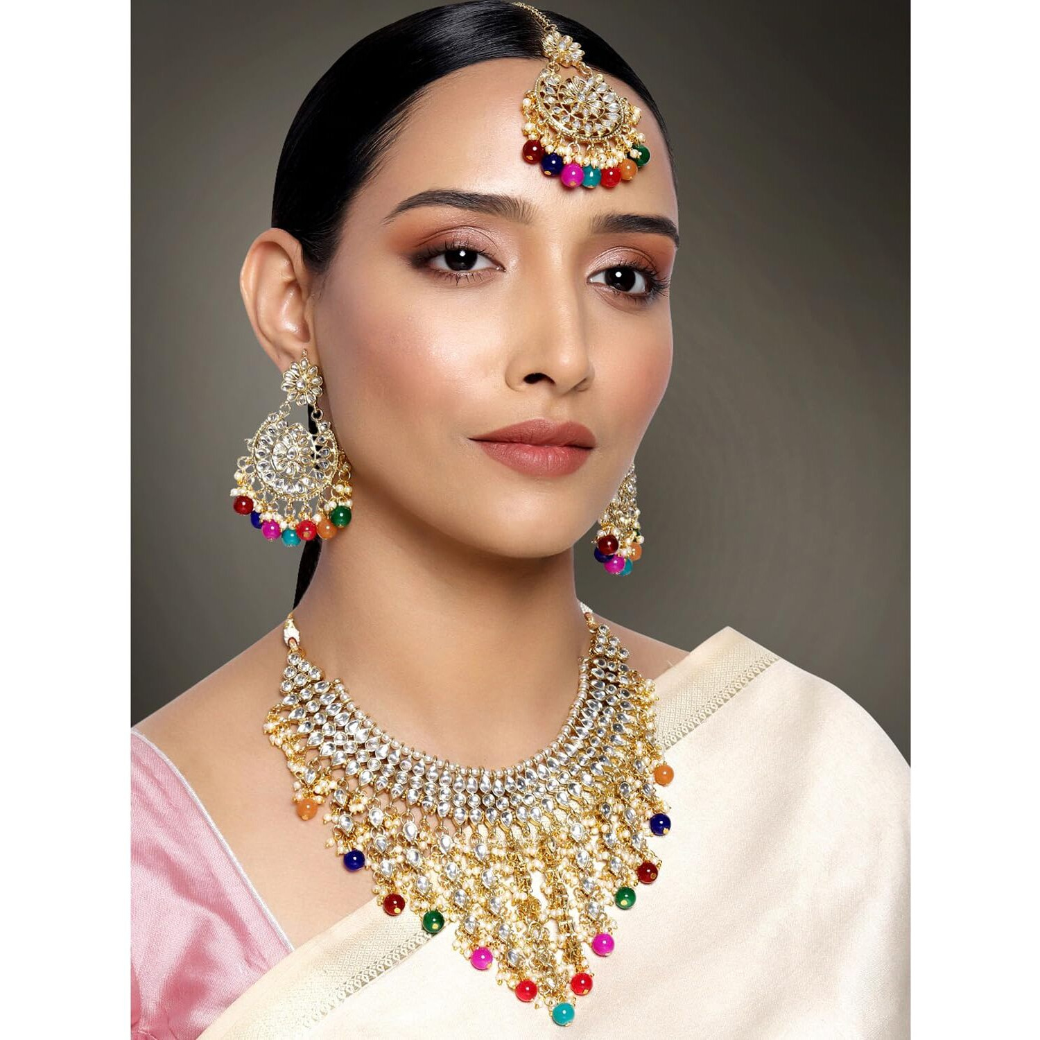 Peora Traditional Kundan & Pearl Drop Multicolour Choker Necklace Earring Set with Maang Tikka for Women