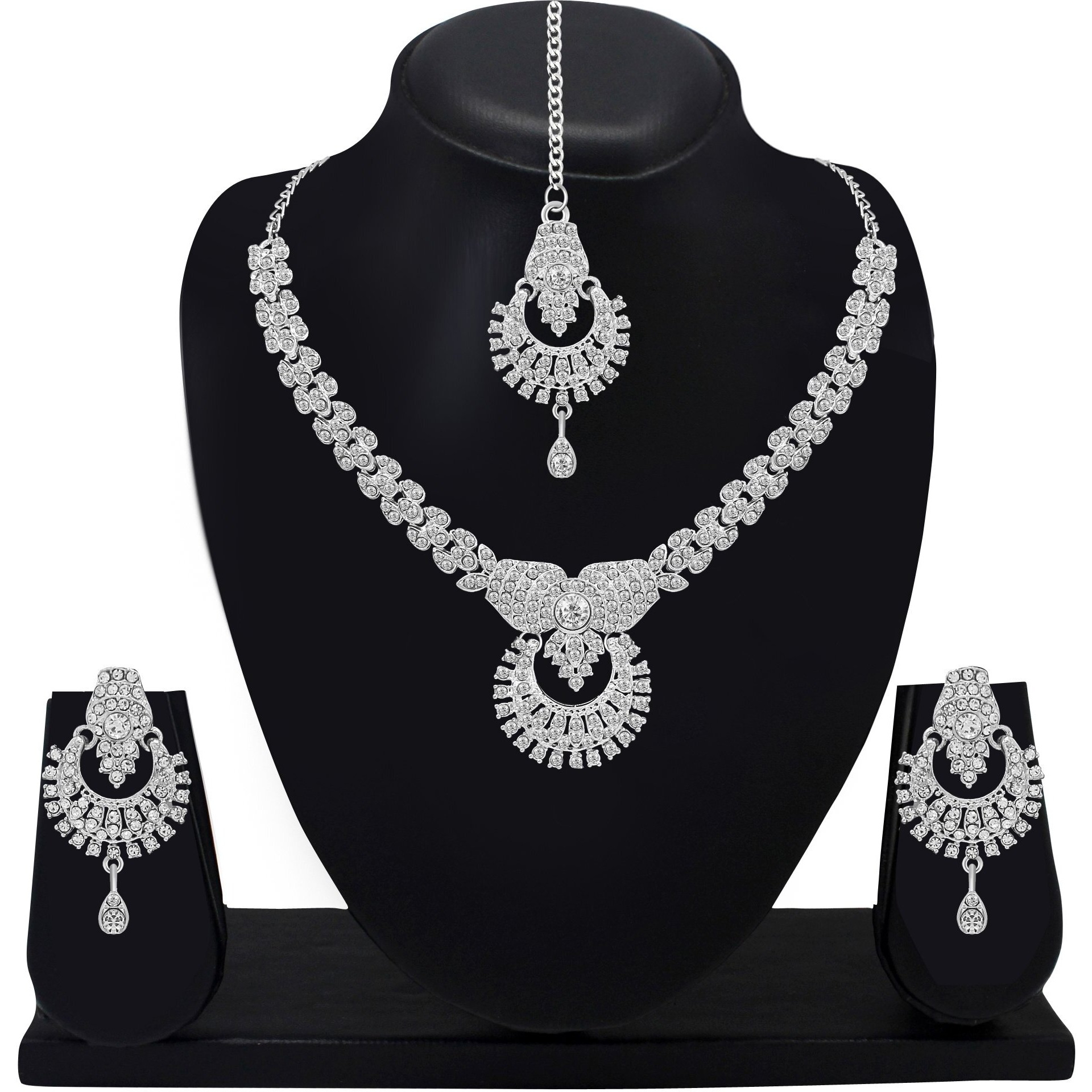 Atasi International Delightful Rhodium Silver-Plated Alloy Choker Necklace Jewellery Set with Earrings & Maang Tikka for Women (White)
