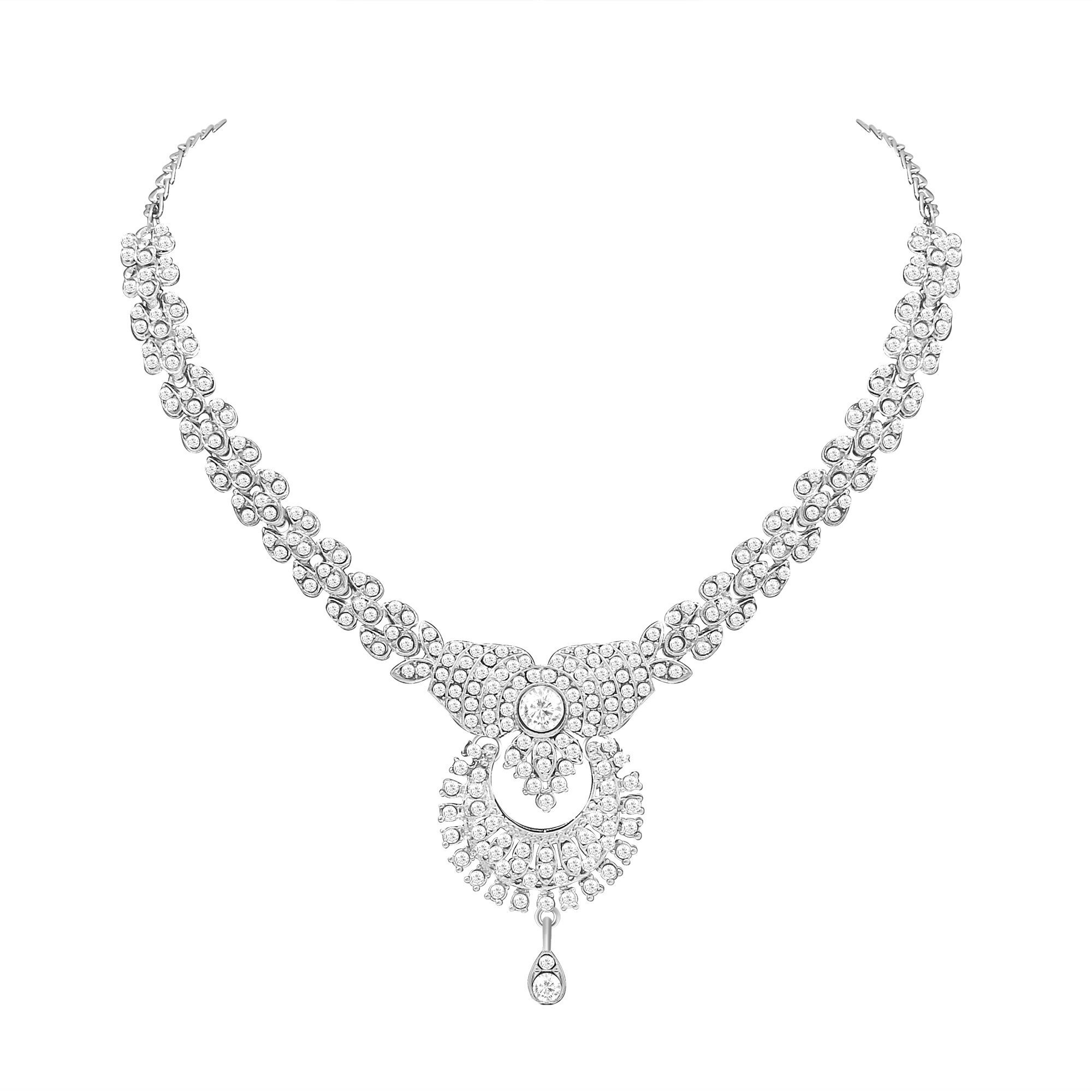 Atasi International Delightful Rhodium Silver-Plated Alloy Choker Necklace Jewellery Set with Earrings & Maang Tikka for Women (White)