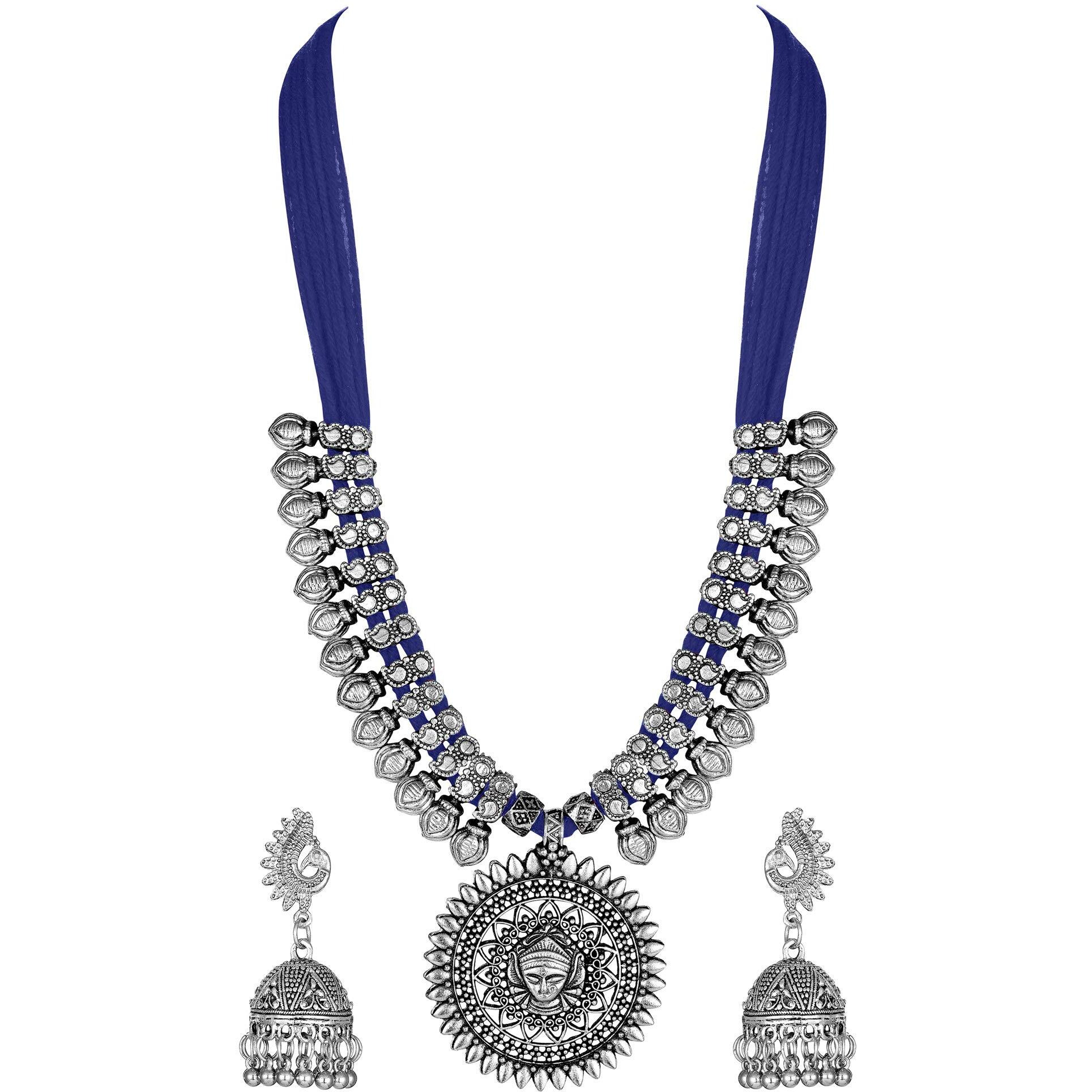 Shining Diva Fashion Latest Oxidised Silver Antique Design Necklace Set Jewellery Set for Women (Blue) (11243s)