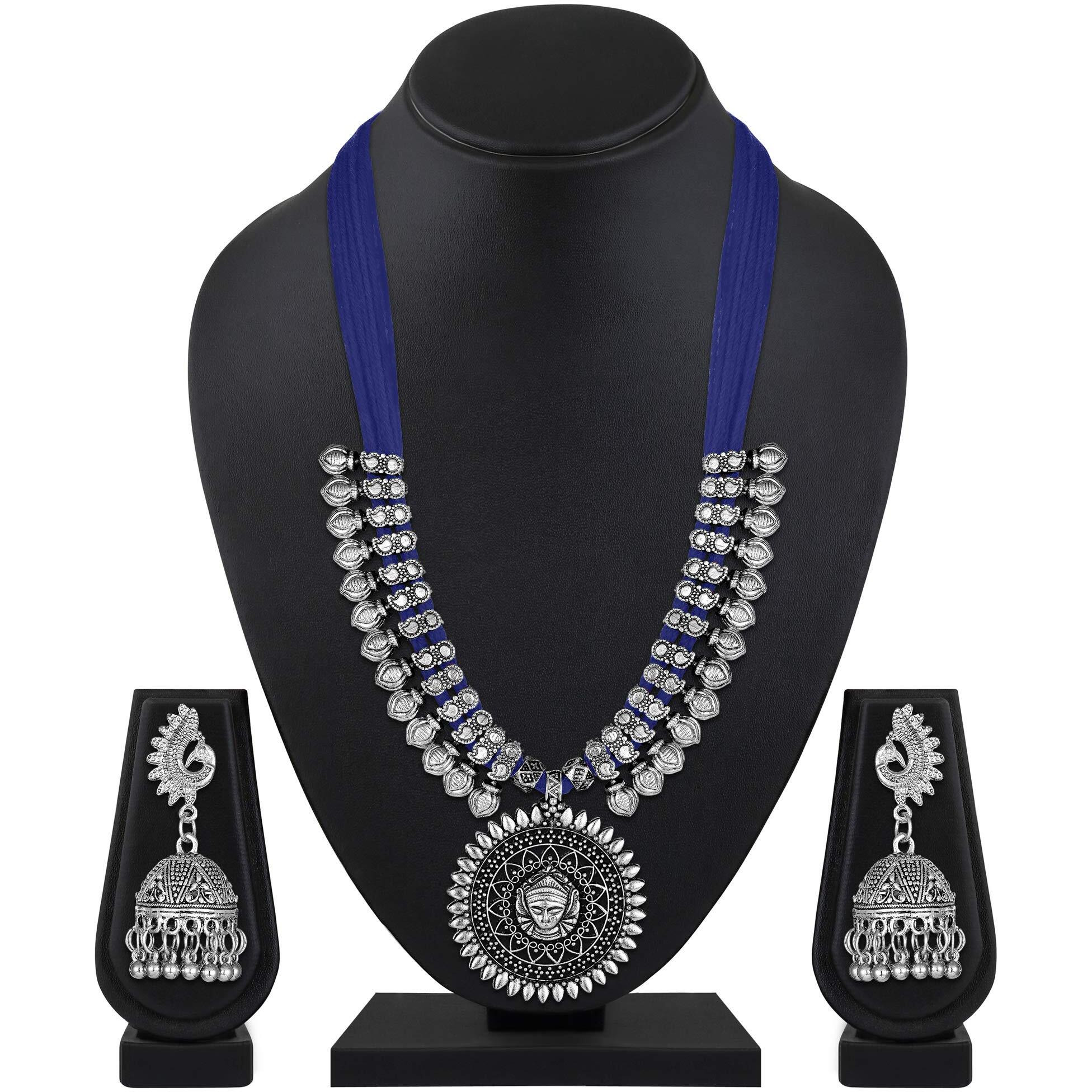Shining Diva Fashion Latest Oxidised Silver Antique Design Necklace Set Jewellery Set for Women (Blue) (11243s)