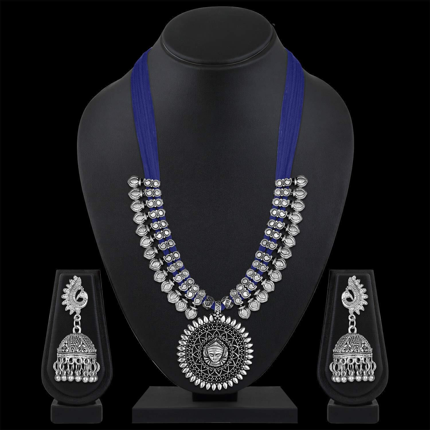 Shining Diva Fashion Latest Oxidised Silver Antique Design Necklace Set Jewellery Set for Women (Blue) (11243s)