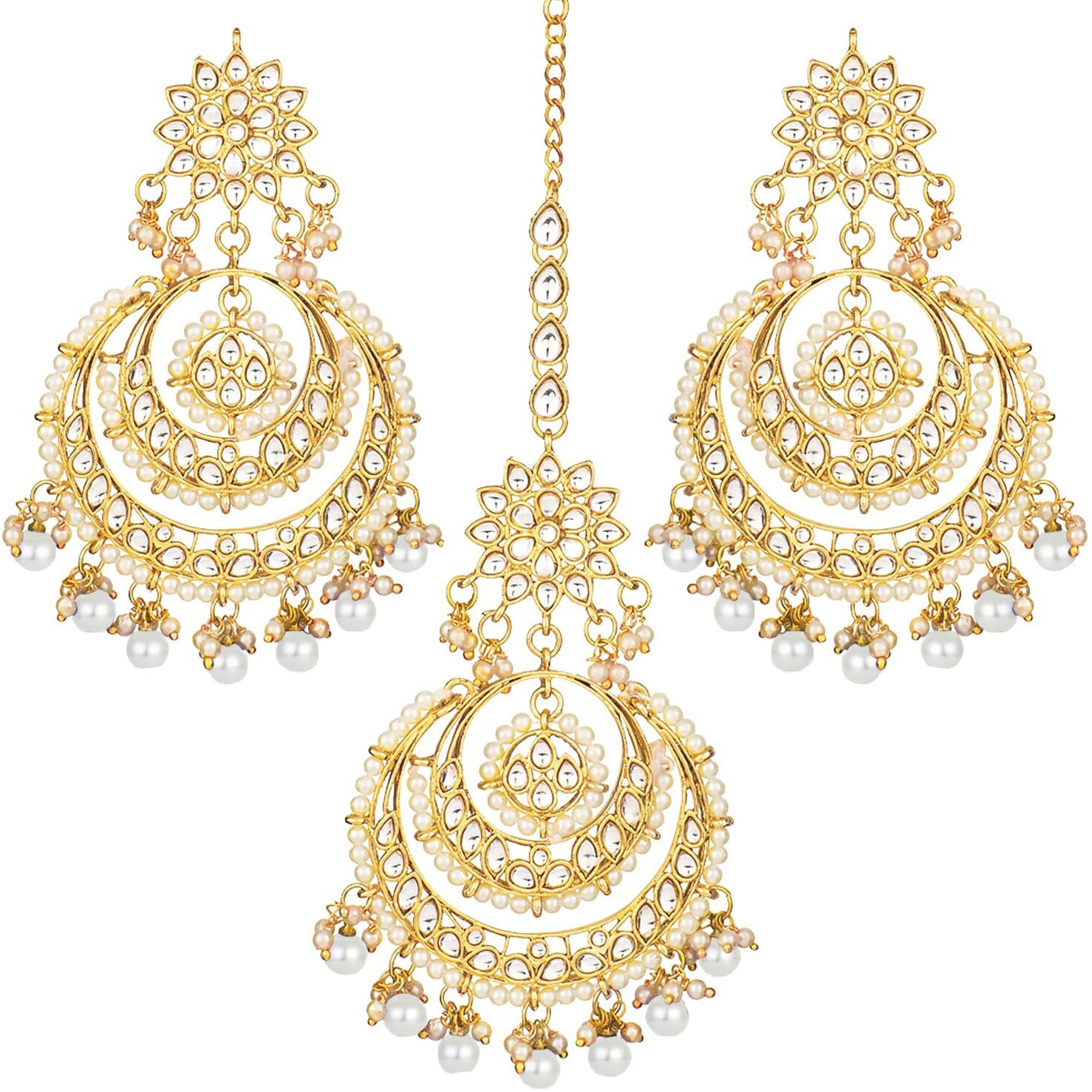 Peora Traditional Jewellery 18K Gold Plated Kundan Pearl Studded Maang Tikka & Earring Set for Women (White)