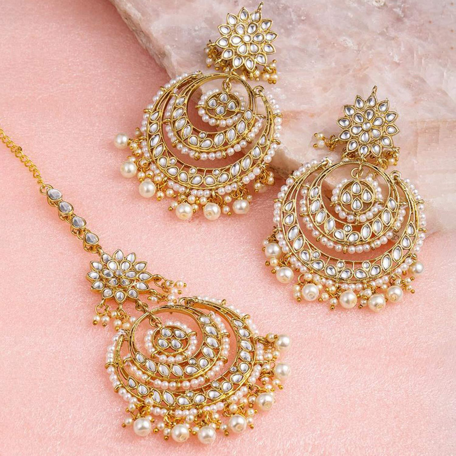 Peora Traditional Jewellery 18K Gold Plated Kundan Pearl Studded Maang Tikka & Earring Set for Women (White)