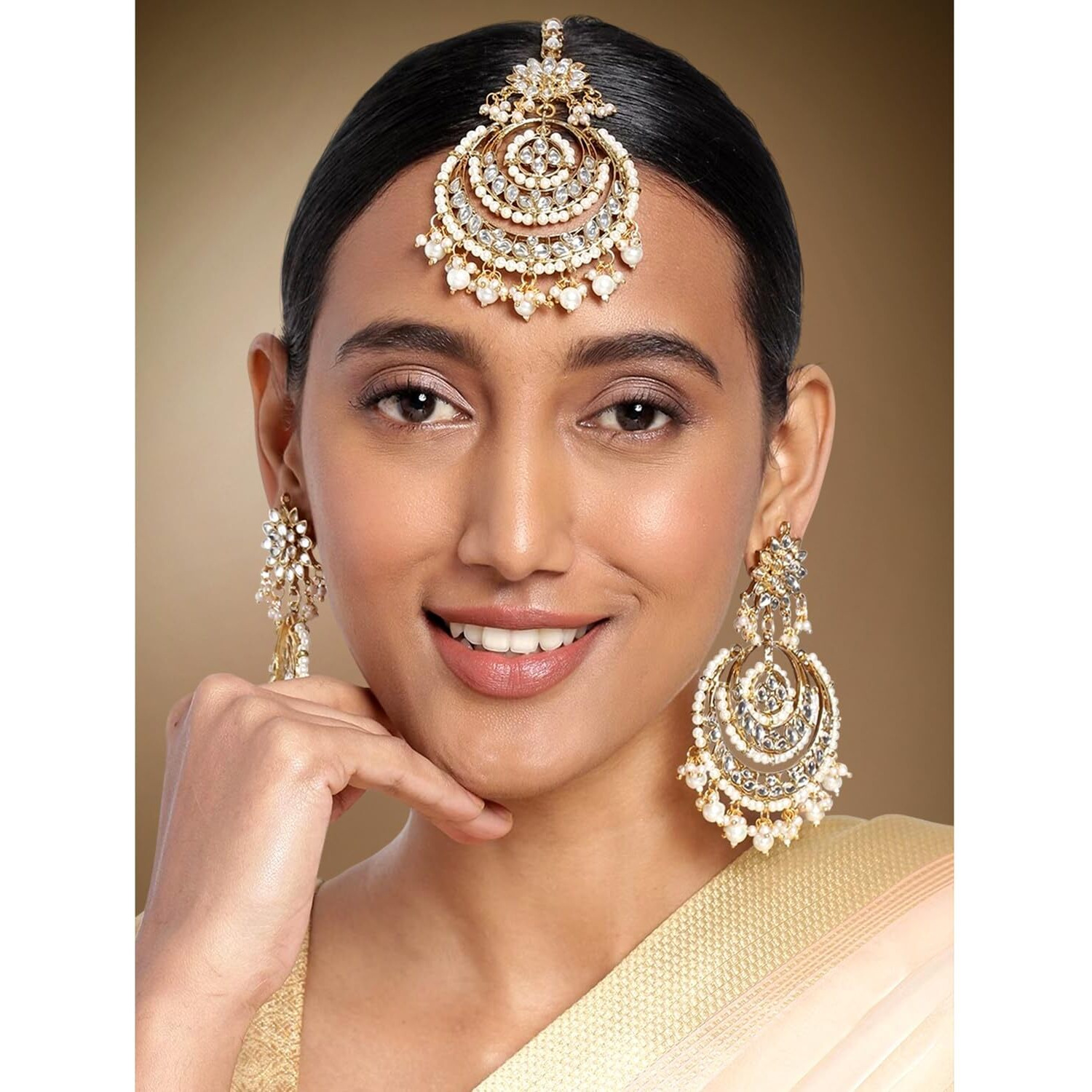 Peora Traditional Jewellery 18K Gold Plated Kundan Pearl Studded Maang Tikka & Earring Set for Women (White)