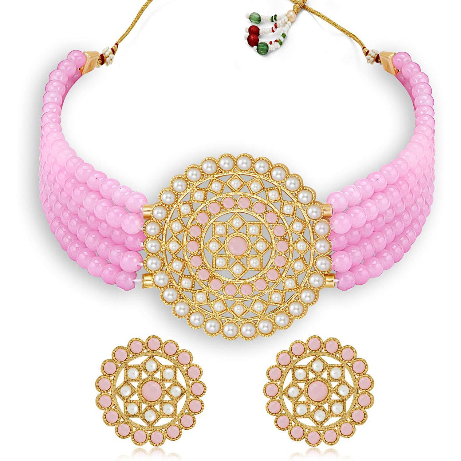 Sukkhi Classic Gold Plated Pastel Pink & White Pearl Choker Necklace Set for Women (SKR70451), free size