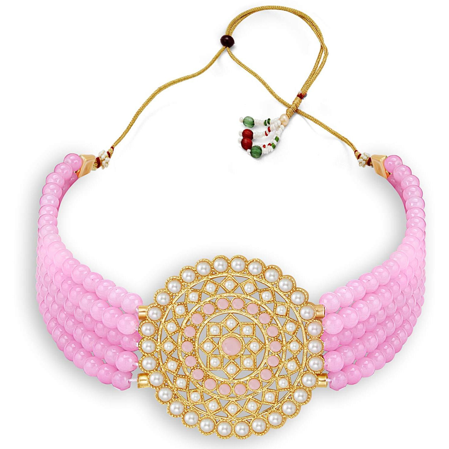Sukkhi Classic Gold Plated Pastel Pink & White Pearl Choker Necklace Set for Women (SKR70451), free size