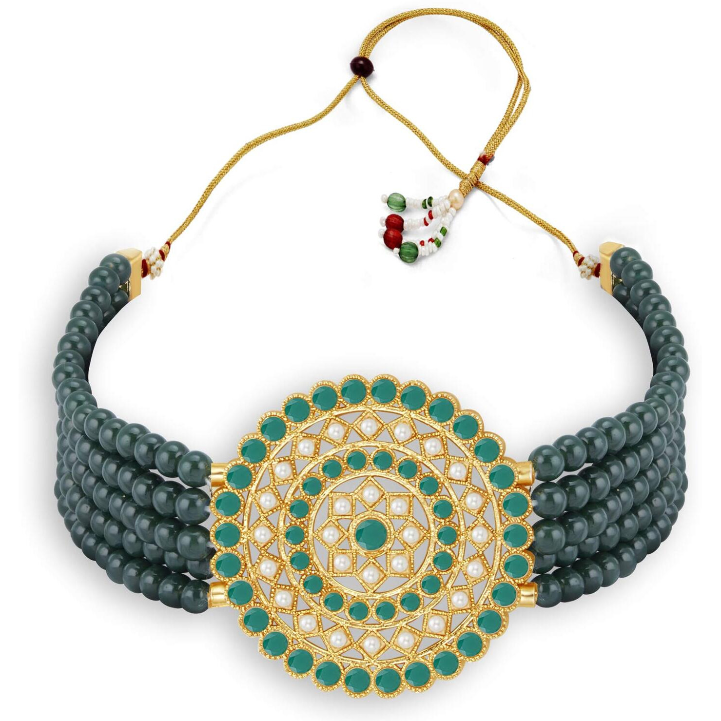 Sukkhi Gleaming Gold Plated Dark Green & White Pearl Choker Necklace Set for Women (SKR70446), free size
