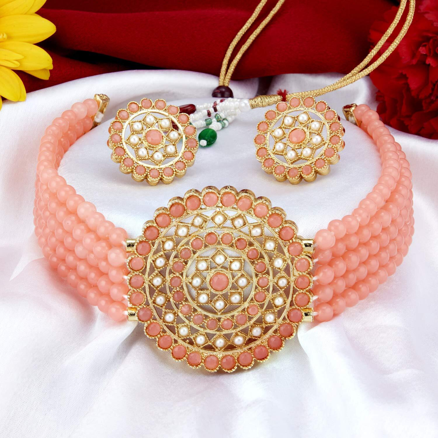 Sukkhi Pretty Gold Plated Baby Pink & White Pearl Choker Necklace Set for Women (SKR70449), Free Size