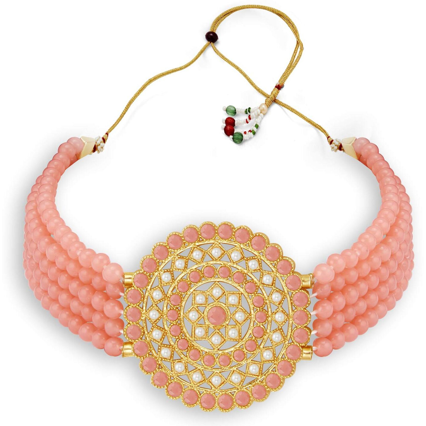 Sukkhi Pretty Gold Plated Baby Pink & White Pearl Choker Necklace Set for Women (SKR70449), Free Size
