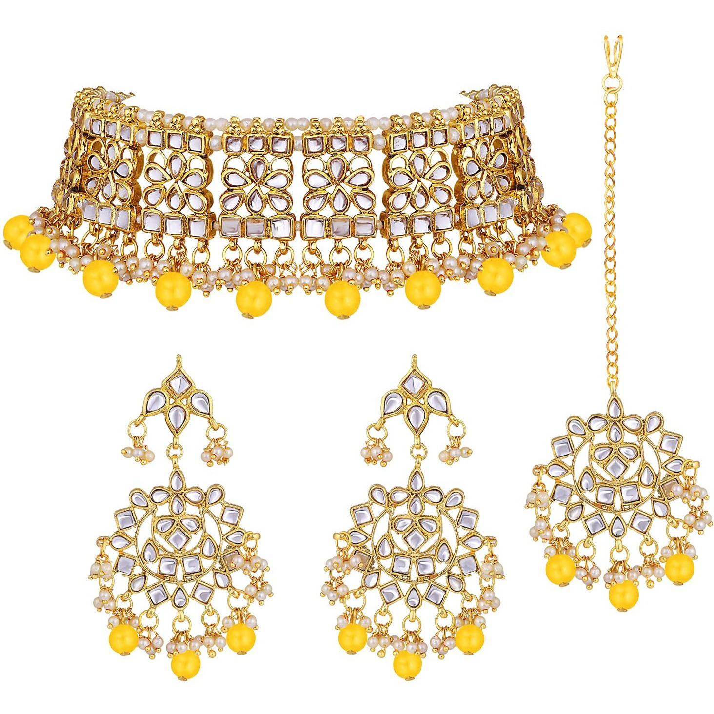 Peora Ethnic Indian Traditional Jewellery 18K Gold Plated Kundan Necklace Earring Mang Tikka Set for Women Girls (Yellow)