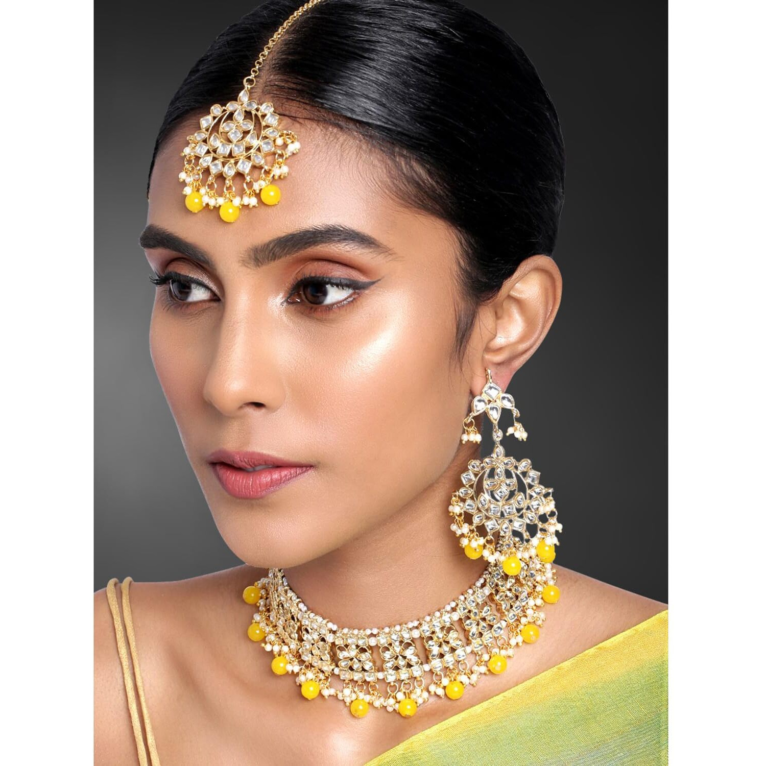Peora Ethnic Indian Traditional Jewellery 18K Gold Plated Kundan Necklace Earring Mang Tikka Set for Women Girls (Yellow)