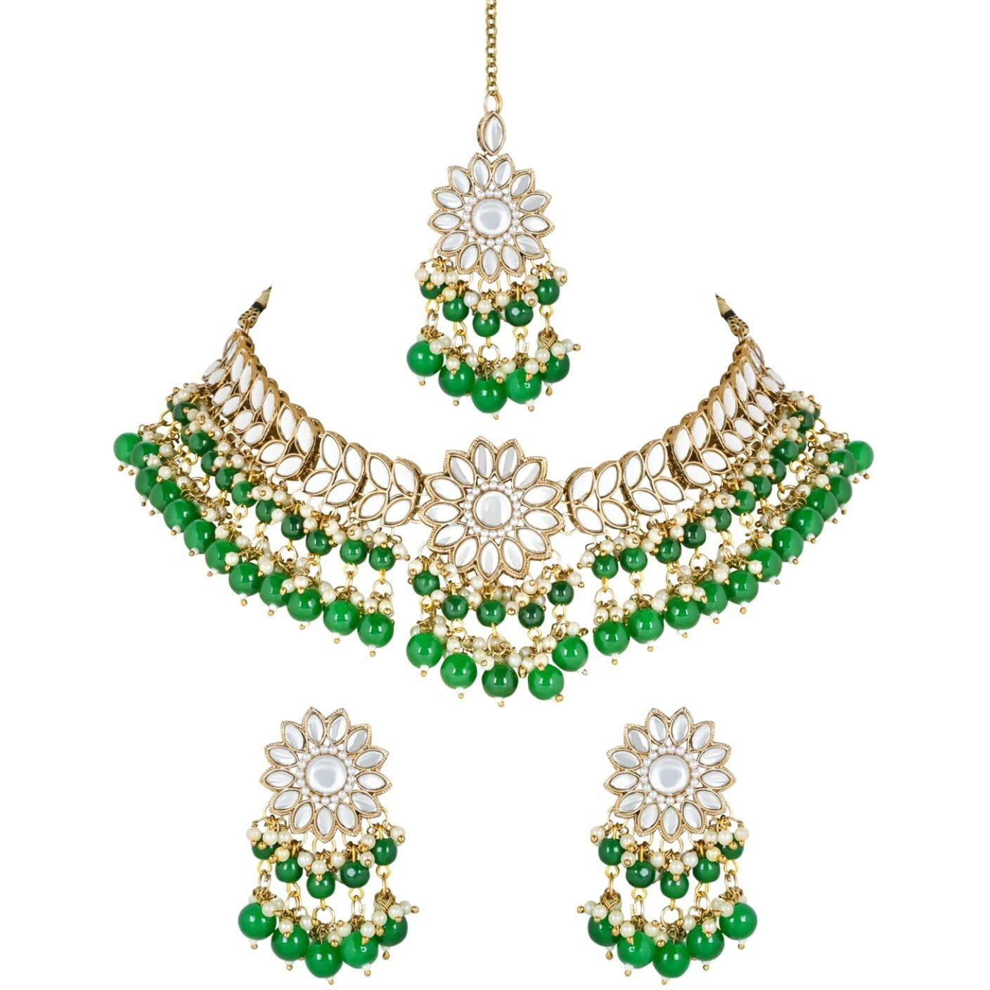 I Jewels 18K Gold Plated Traditional Kundan Studded Green Pearl Hanging Choker Necklace Jewellery Set With Earrings & Maang Tikka For Women & Girls (K7232G)