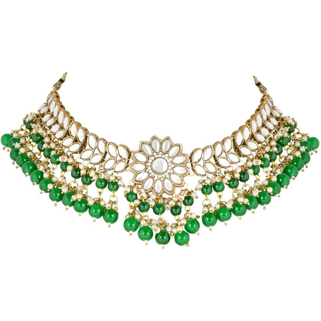 I Jewels 18K Gold Plated Traditional Kundan Studded Green Pearl Hanging Choker Necklace Jewellery Set With Earrings & Maang Tikka For Women & Girls (K7232G)