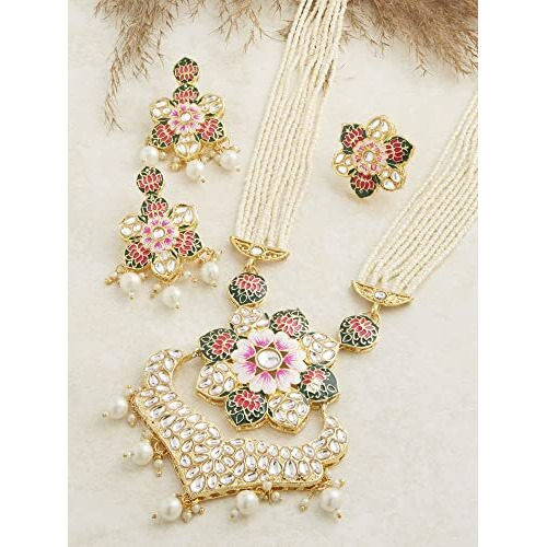 ZAVERI PEARLS Multicolor Meenakari Lotus Design Multistrand Pearls Long Necklace Earring & Ring Set For Women-ZPFK13429