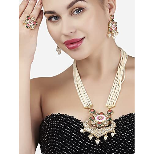 ZAVERI PEARLS Multicolor Meenakari Lotus Design Multistrand Pearls Long Necklace Earring & Ring Set For Women-ZPFK13429