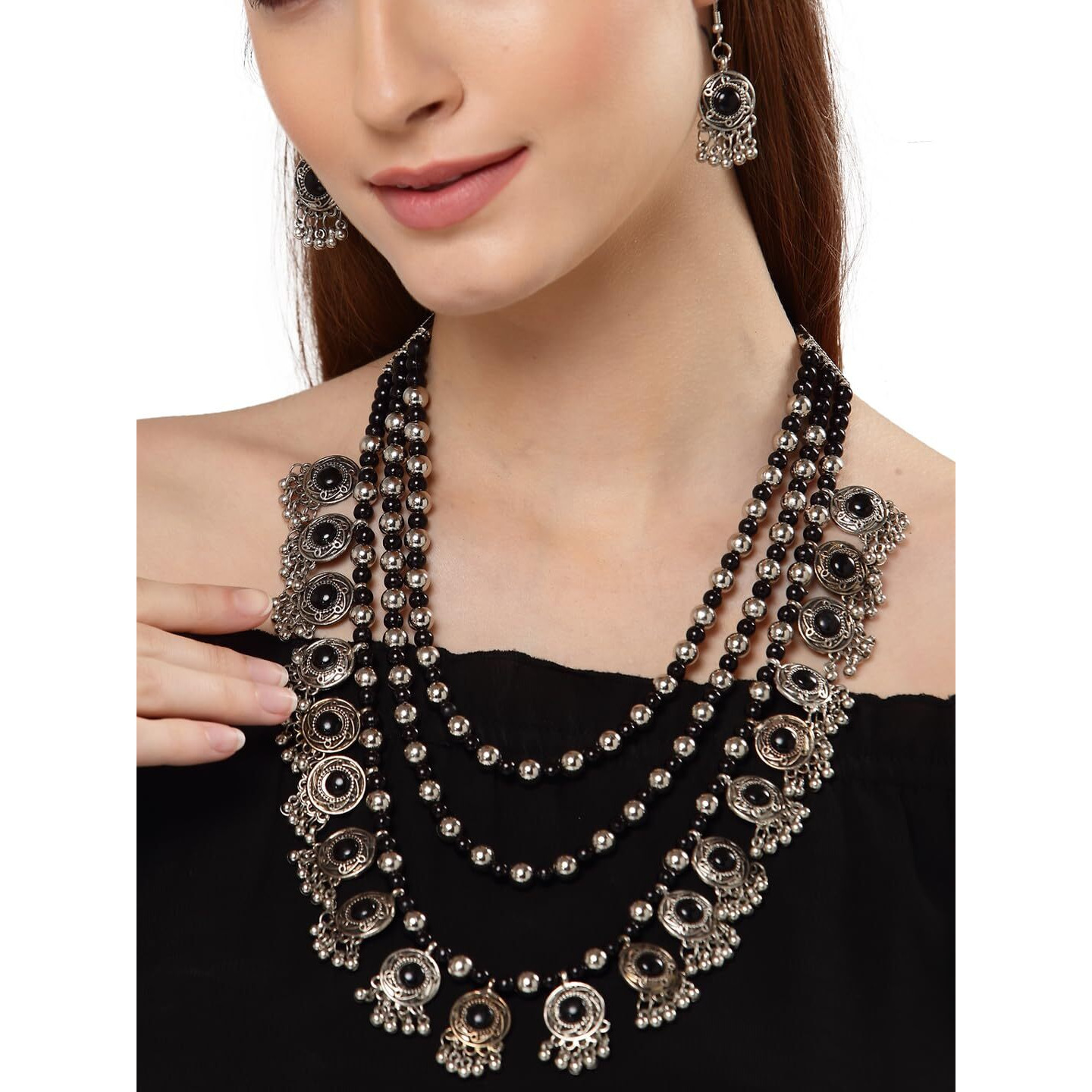 Shining Diva Fashion Latest Stylish Fancy Oxidized Traditional Oxidised Necklace Jewellery Set for Women (Black) (rrsd13121s)