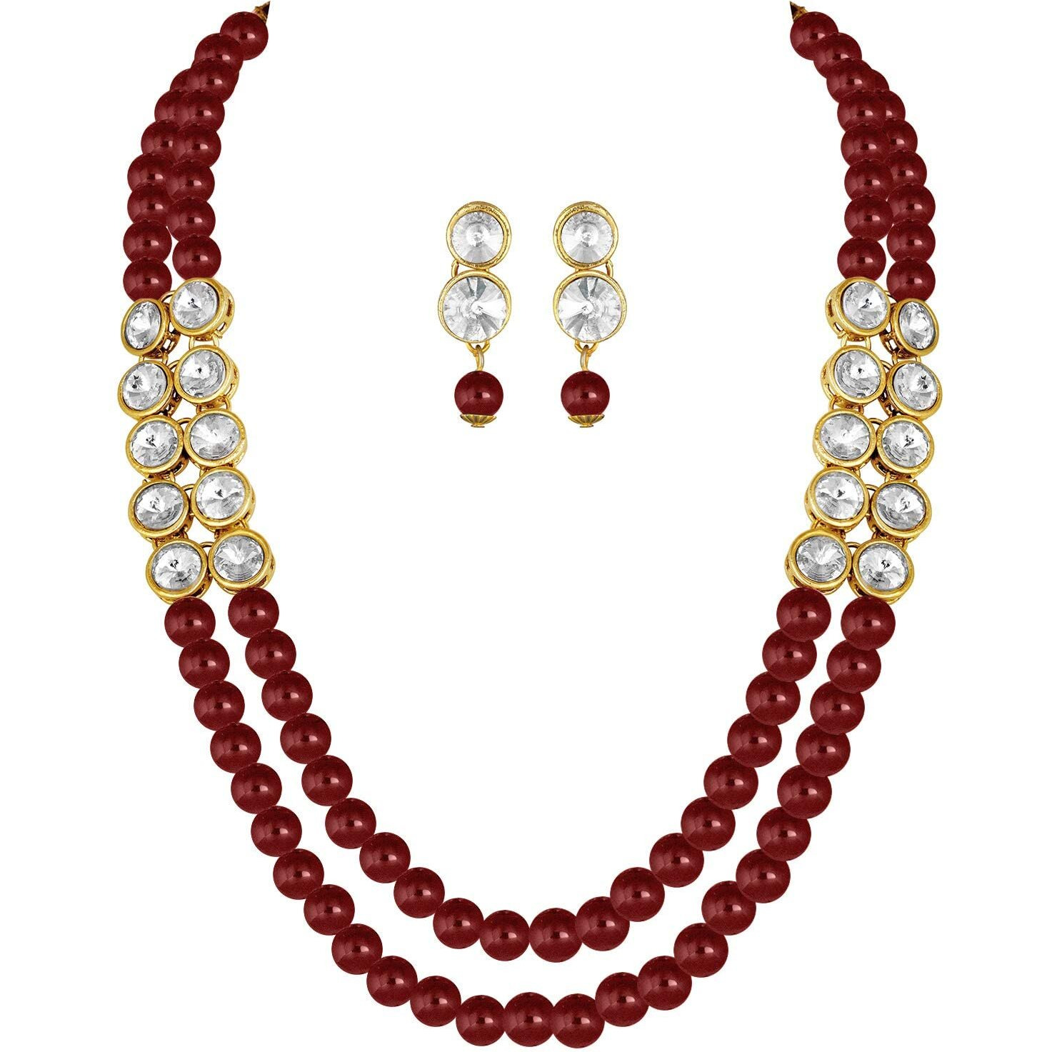 I Jewels 18K Gold Plated Traditional Stunning White Stone Studded Layered Pearl Necklace Jewellery Set with Earrings For Women and Girls (IJ365M)