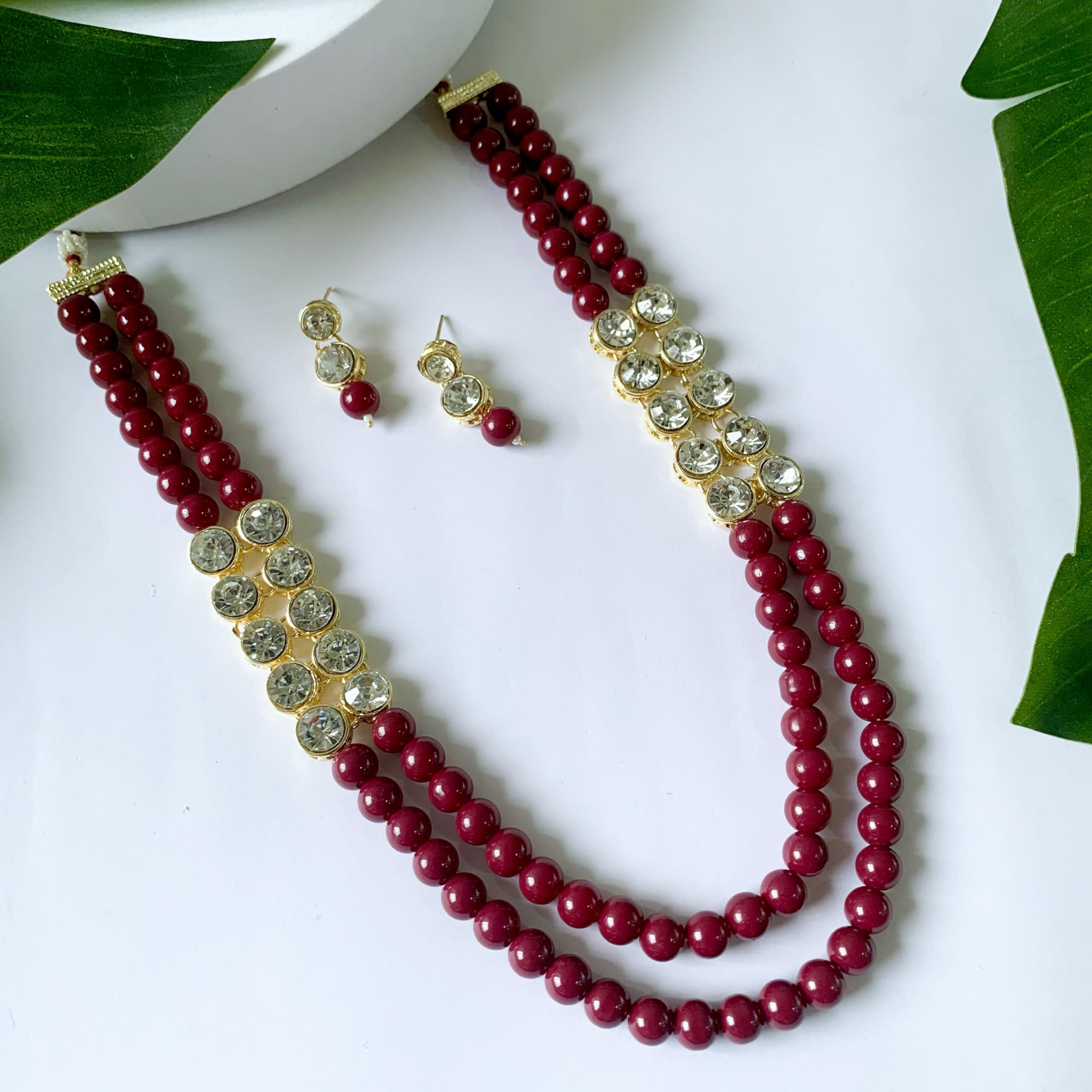 I Jewels 18K Gold Plated Traditional Stunning White Stone Studded Layered Pearl Necklace Jewellery Set with Earrings For Women and Girls (IJ365M)