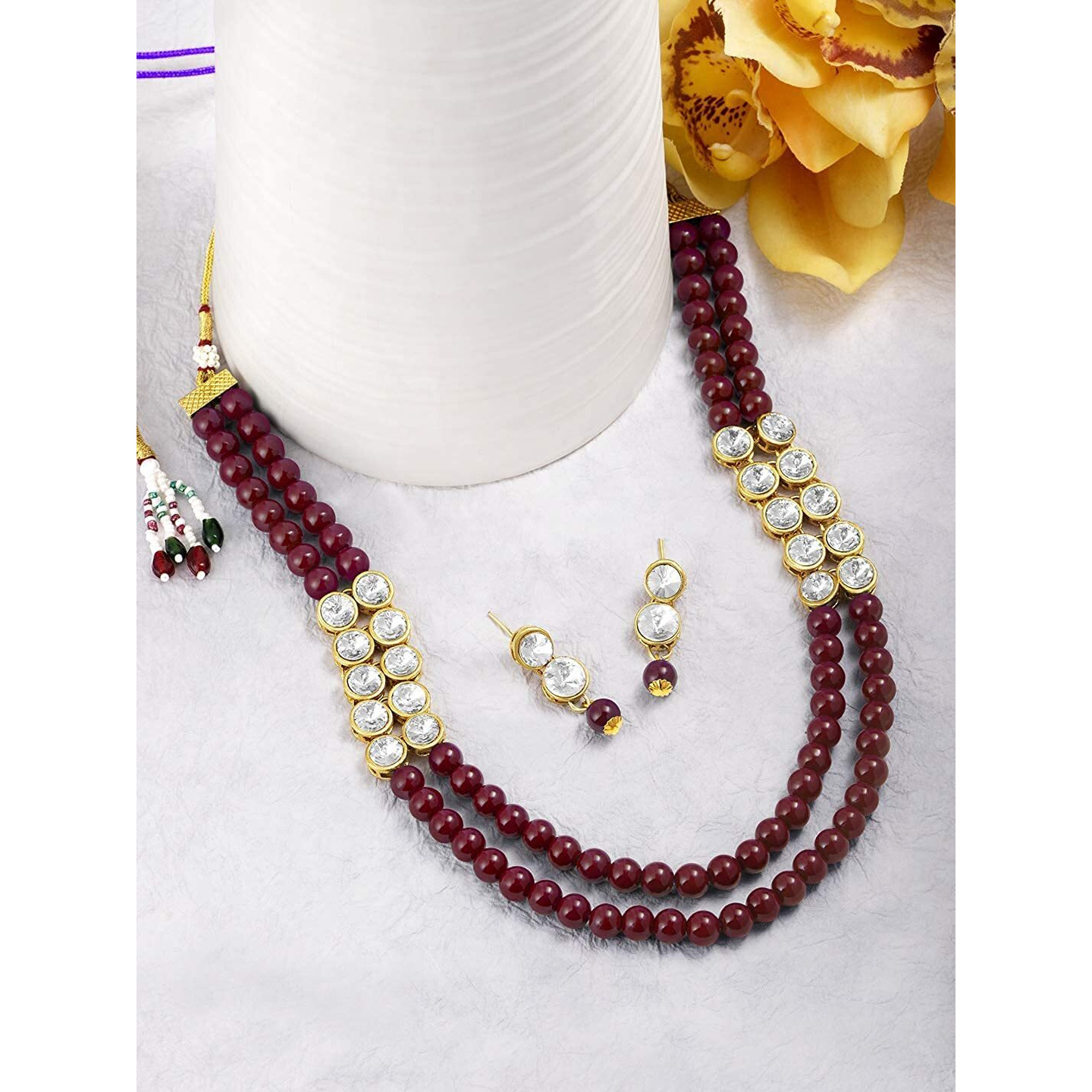 I Jewels 18K Gold Plated Traditional Stunning White Stone Studded Layered Pearl Necklace Jewellery Set with Earrings For Women and Girls (IJ365M)